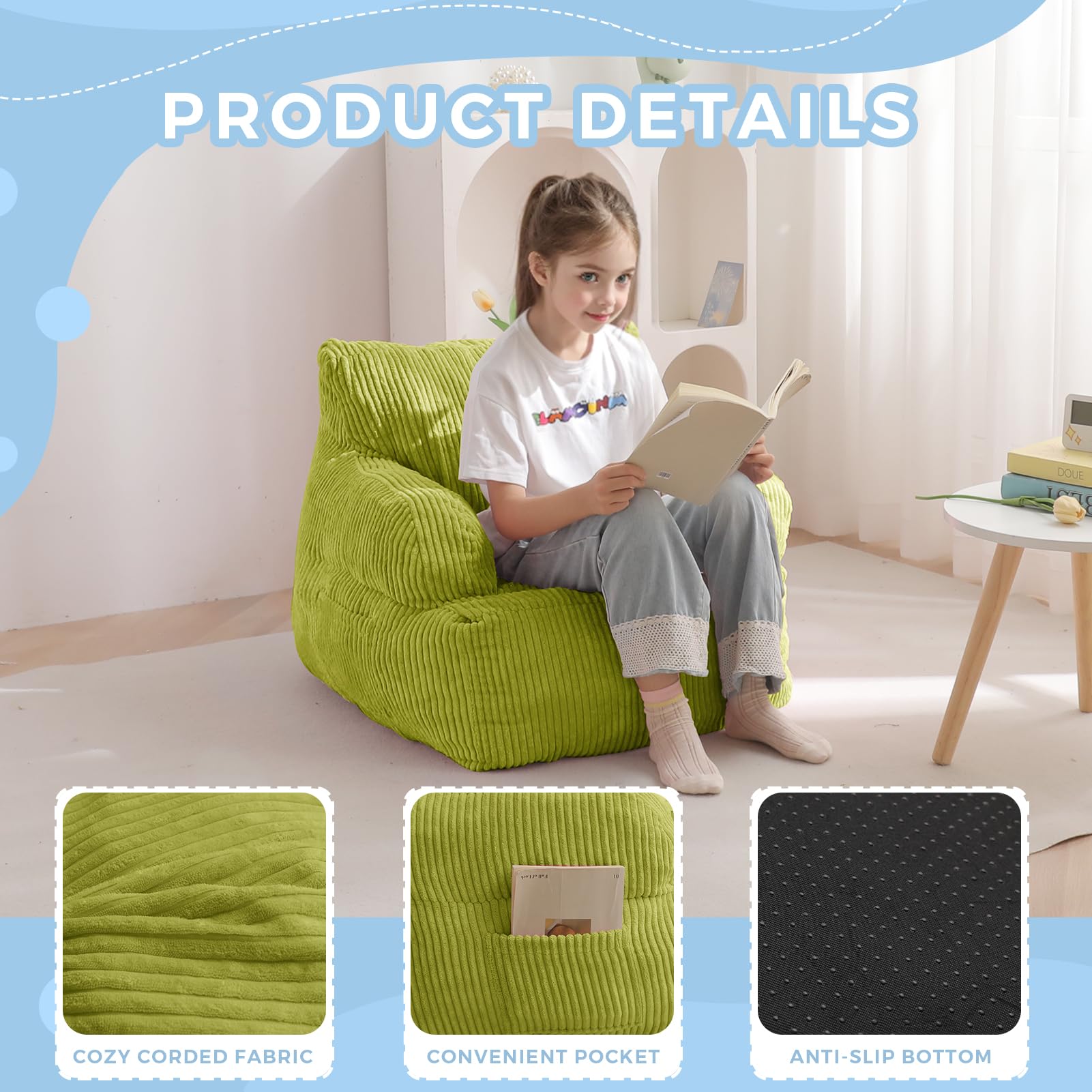 MAXYOYO Sitzsack Kinder Cord mit Füllung, Sitzsäcke Mädchen Jungen, Bodenstuhl mit Tasche, Bean Bag Sofa für Schlafzimmer