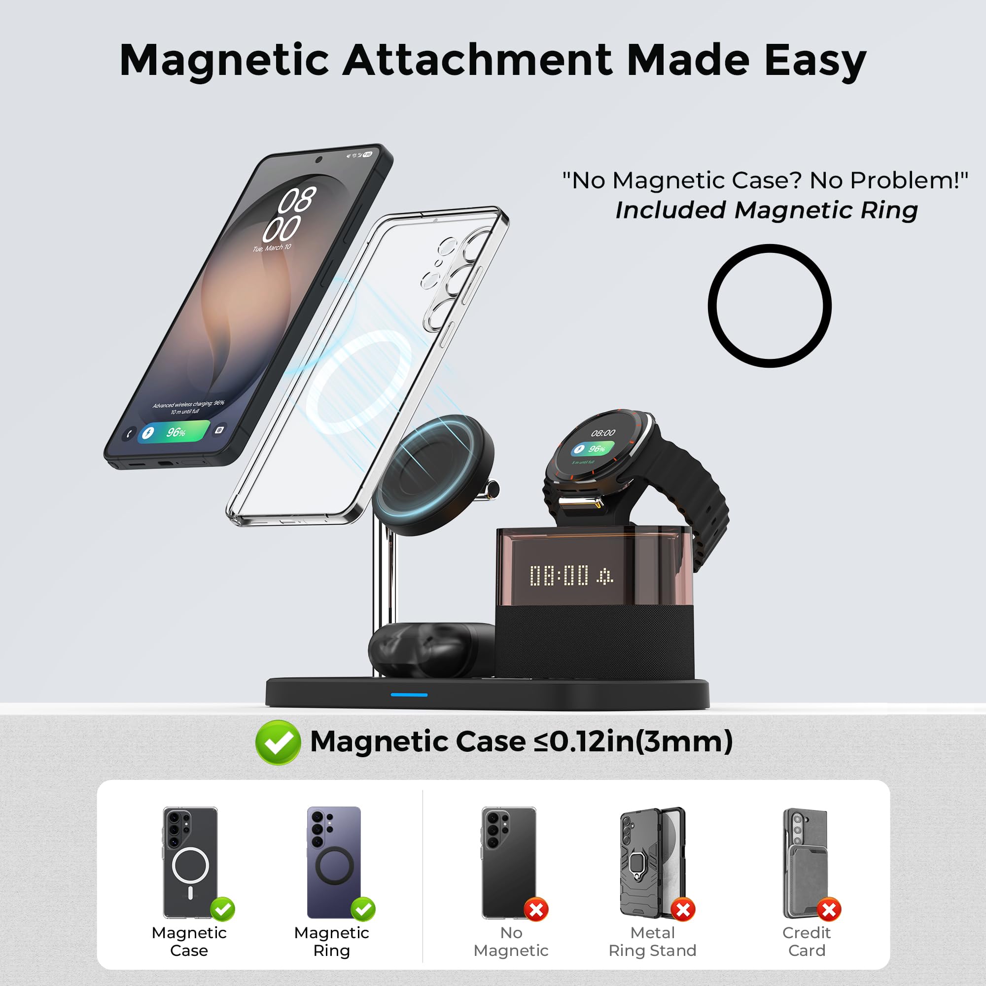 3 in 1 stazione di ricarica wireless per Samsung Galaxy S25/S24/S23/S22 m. anello magnetico, caricatore rapido per Samsung con sveglia e luce notturna, supporto di ricarica senza fili incluso
