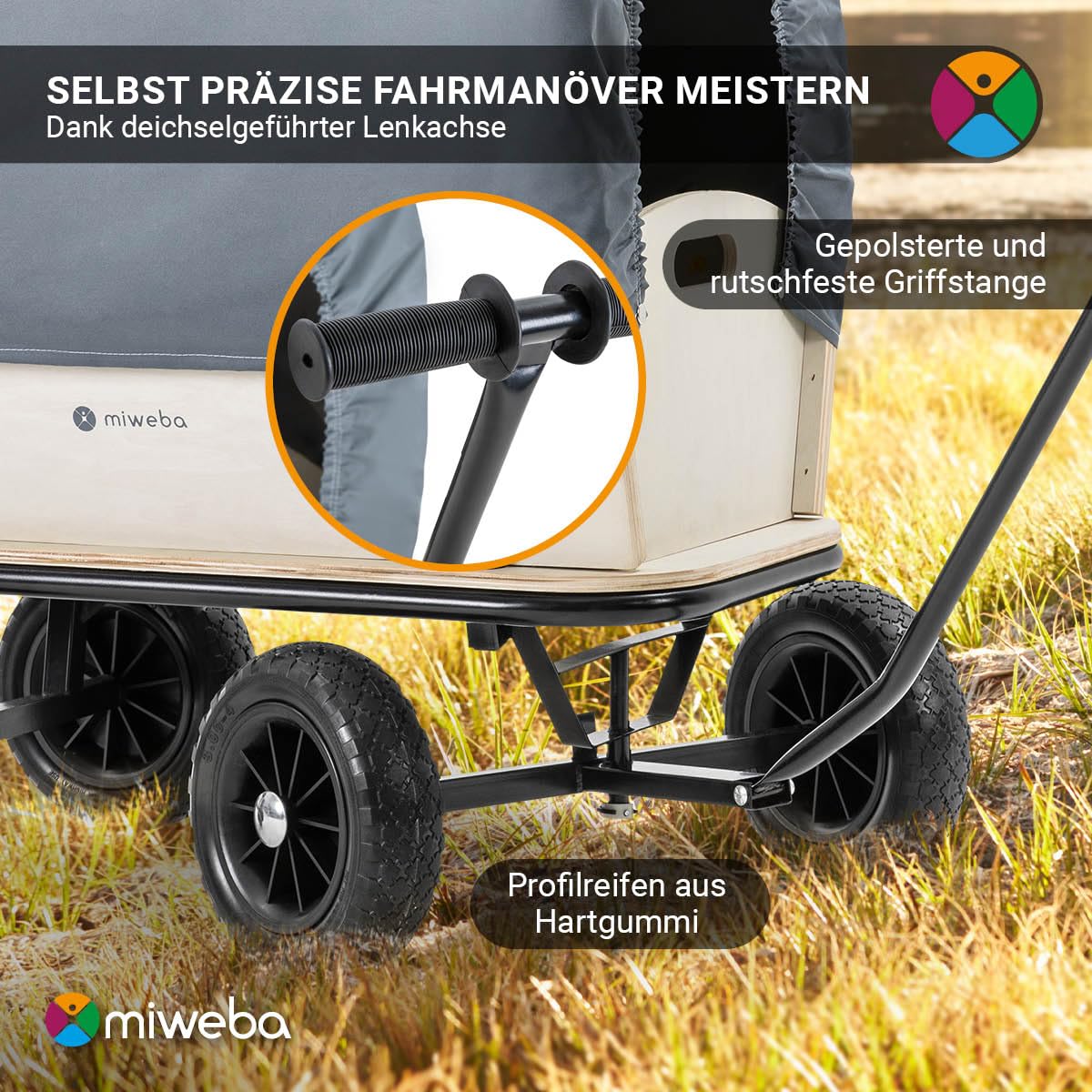 Miweba Bollerwagen Canvas mit Dach | 180 Kg Traglast - Kinderwagen - Transportwagen - Handwagen - Wagen Holz - Standwagen - Regenschutz - Plane abnehmbar - Gartenkarre - Holzwagen - Gerätewagen (Grau)