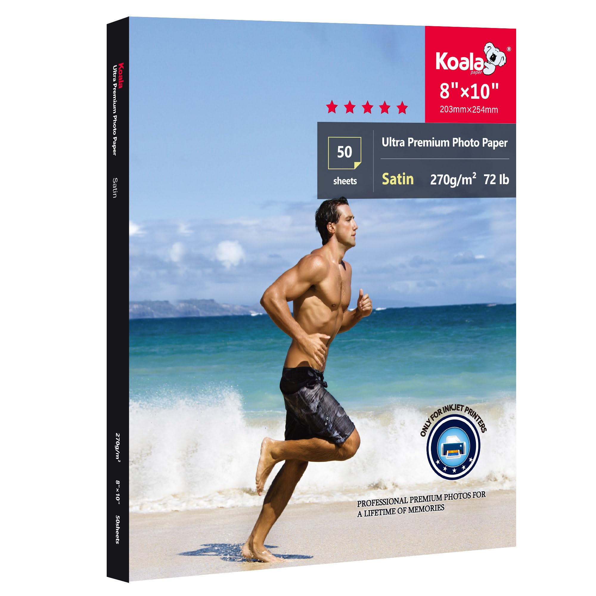 Koala Ultra Premium Photo Paper 8 x 10 In Satin Photo Printer Paper for Inkjet Printer Water-Resistant Semi Gloss 50 Sheets 72lb