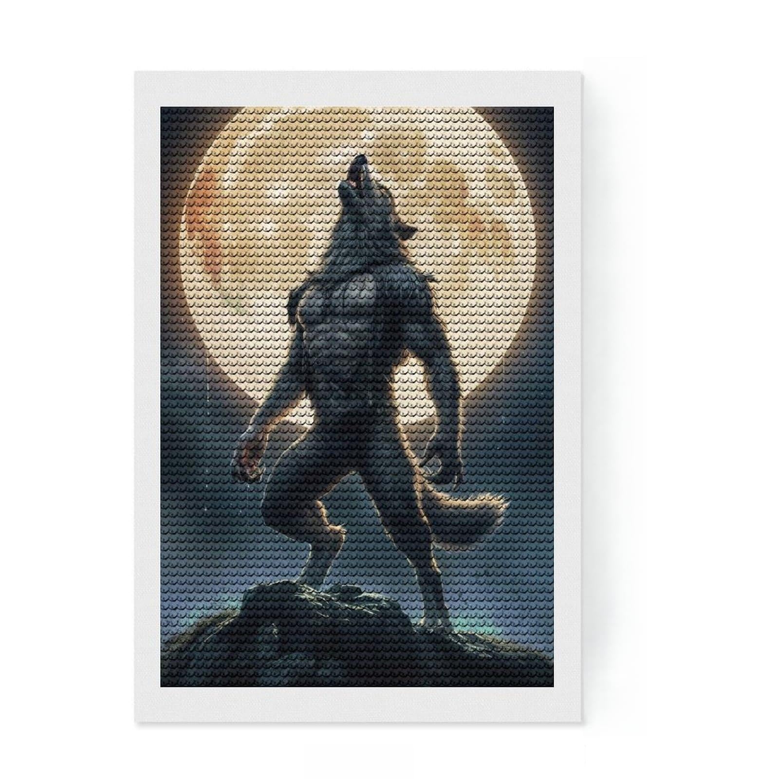 Junmoney Werewolf Howling at The Moon Full Drill Diamond Painting Kit 8"x12", Relaxing DIY Hobby, Calming Craft to Unwind, Vintage Style Decor