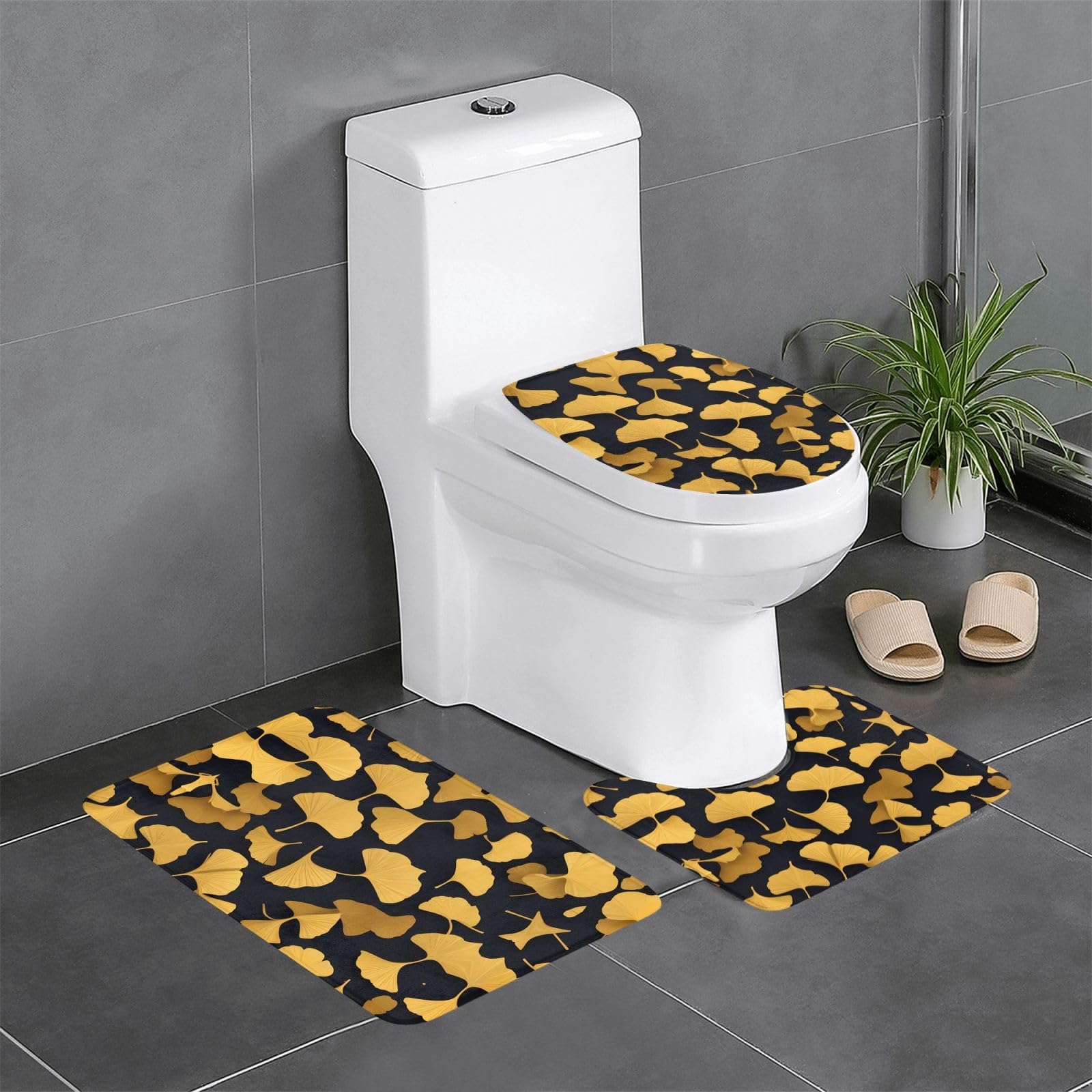Tapis de salle de bain antidérapant lot de 3 sécurité ginkgo dorées
