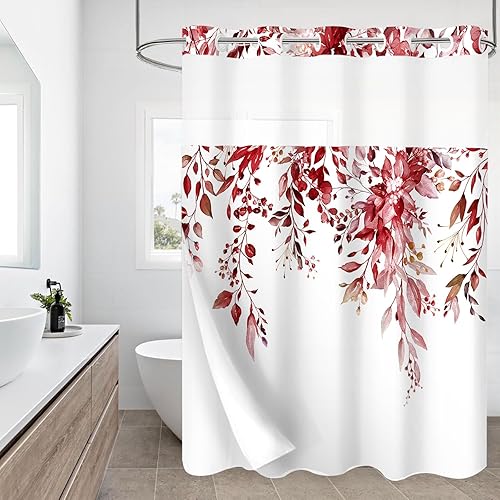 Gibelle Juego de cortina de ducha sin gancho con forro de tela a presión para baño, cortina de ducha estilo hotel con hojas de eucalipto rojo
