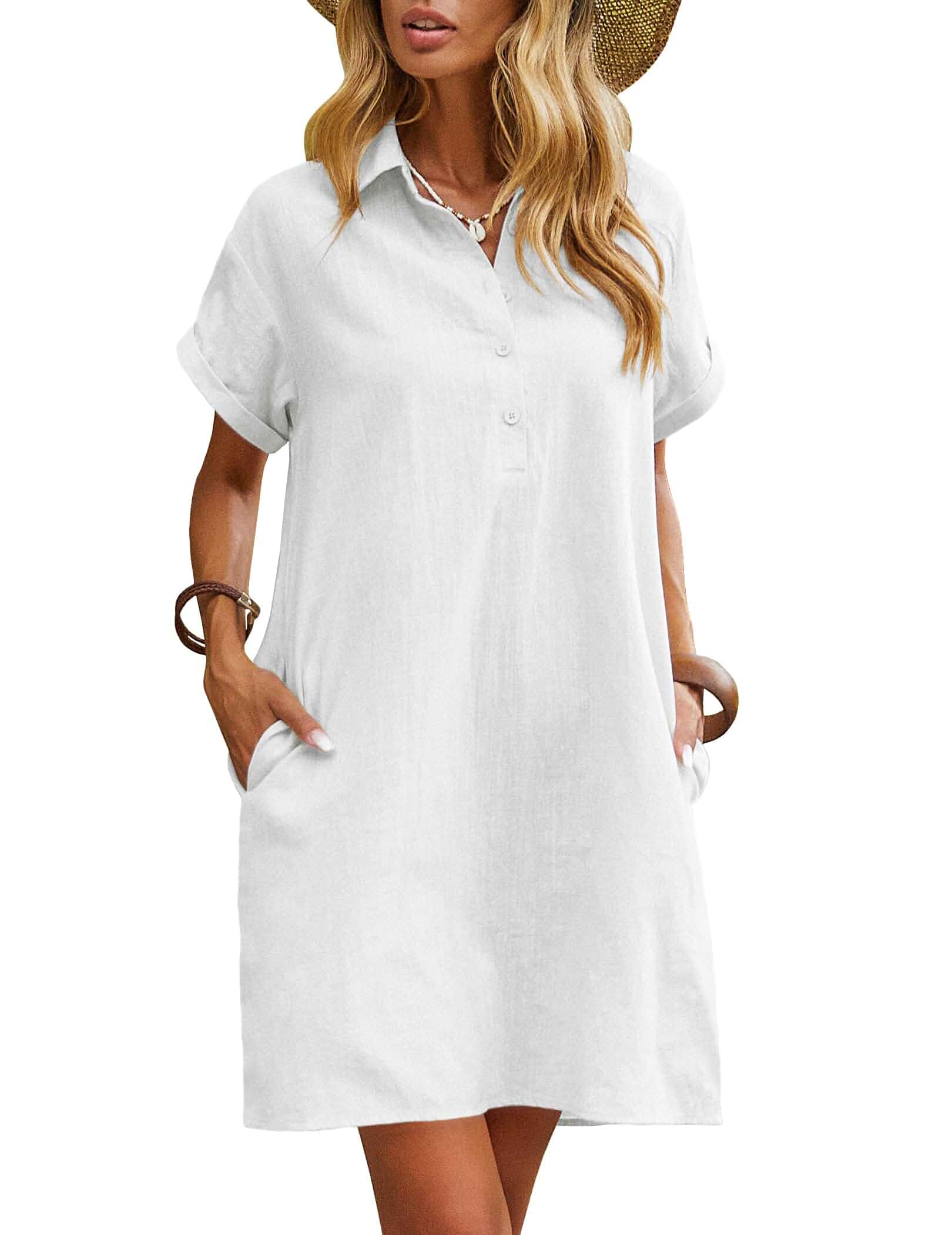Zeagoo Womens Cotton Shirt Dress Summer Casual Short Sleeve Button Down Beach Cover Up Shirts with Pockets Short Sleeve
