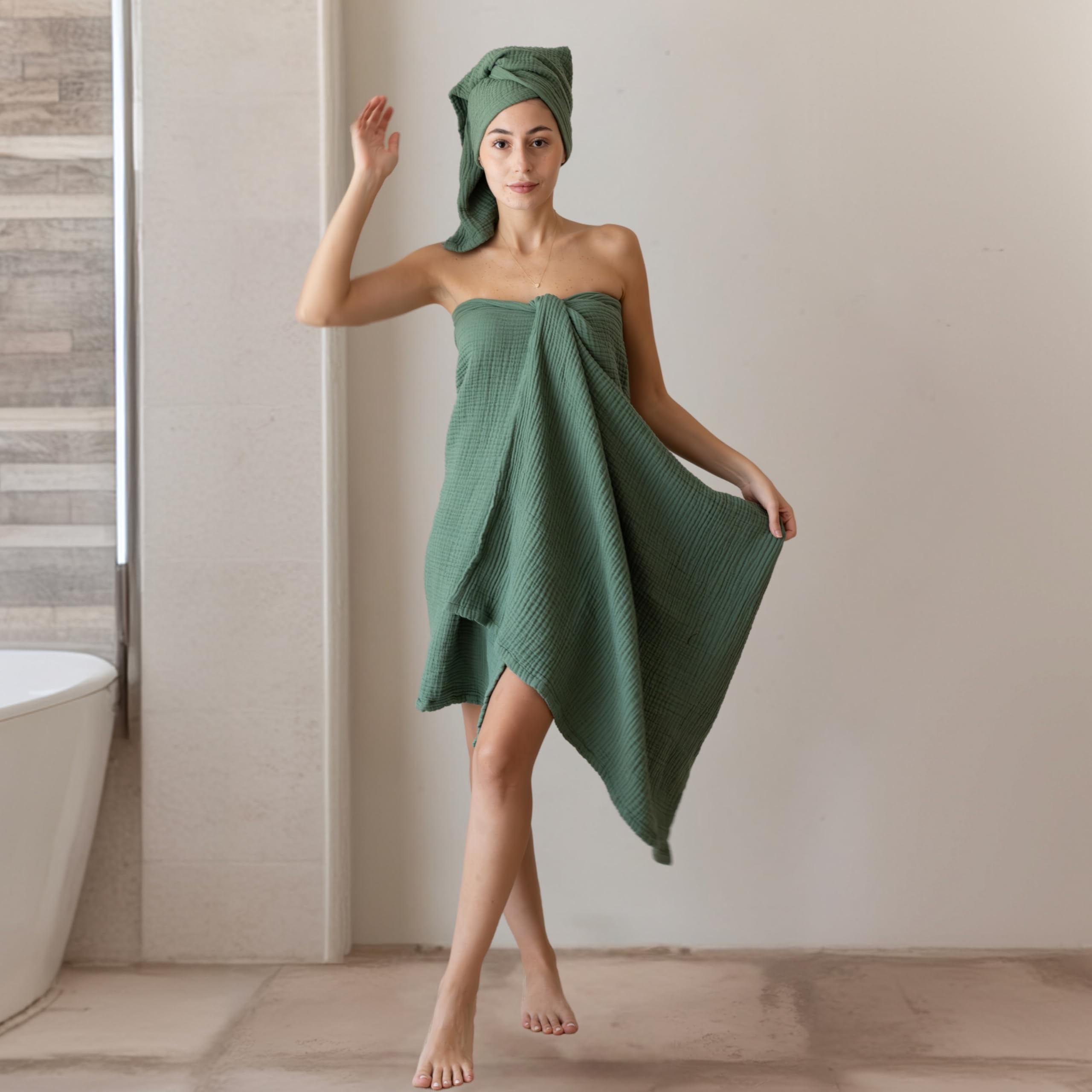 Ultraweiches Musselin-Handtuch-Set für Erwachsene, 100% türkische Baumwolle, 4-lagig, 2-teilig, luxuriöses Musselin-Hand- und Badetuch-Set für Badezimmer (Grün, 1 Bad & 1 Handtuch-Set)