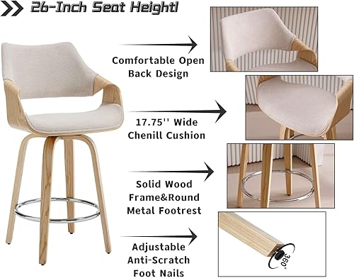 Miniatura 5 de Taburetes giratorios modernos de 26 pulgadas, taburetes de bar giratorios de altura de mostrador con respaldos, juego de 2, sillas de isla tapizadas