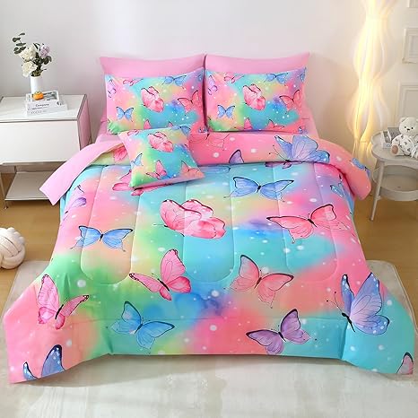 JQinHome 6 Pc Twin Rainbow Butterfly Comforter Set - Microfiber Butterfly Design Bedding Collection with Pillowcase, Flat & Fitted Sheet