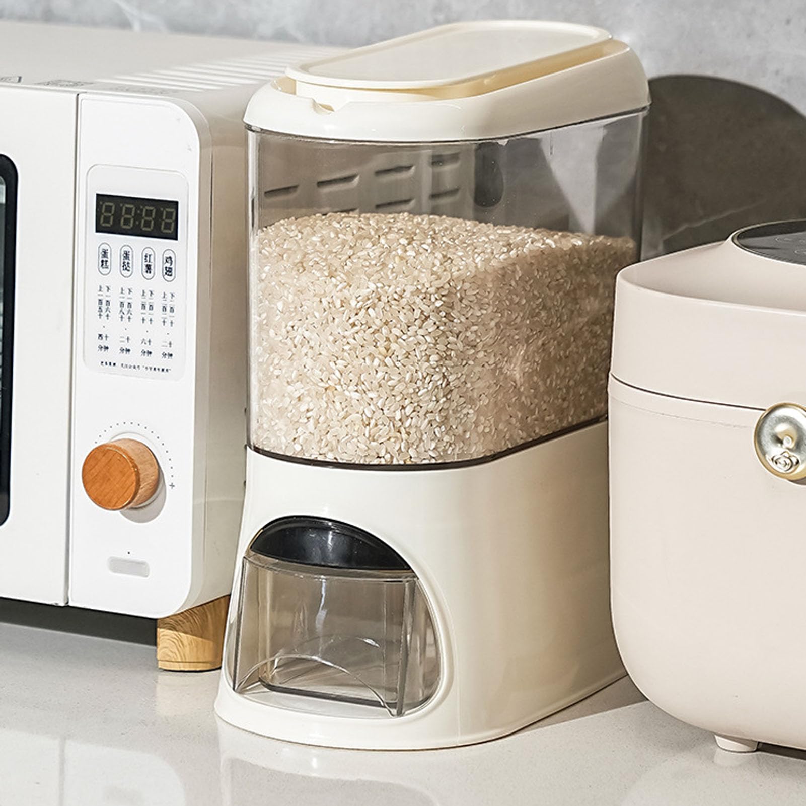 TOPINCN Dispenser Di Riso, Contenitore Per La Conservazione Del Riso Da 3 Litri Dispenser Di Cereali Sigillato Secchio Per Cereali Con Misurino Per Farina Di, Farina Di, (Color crema)