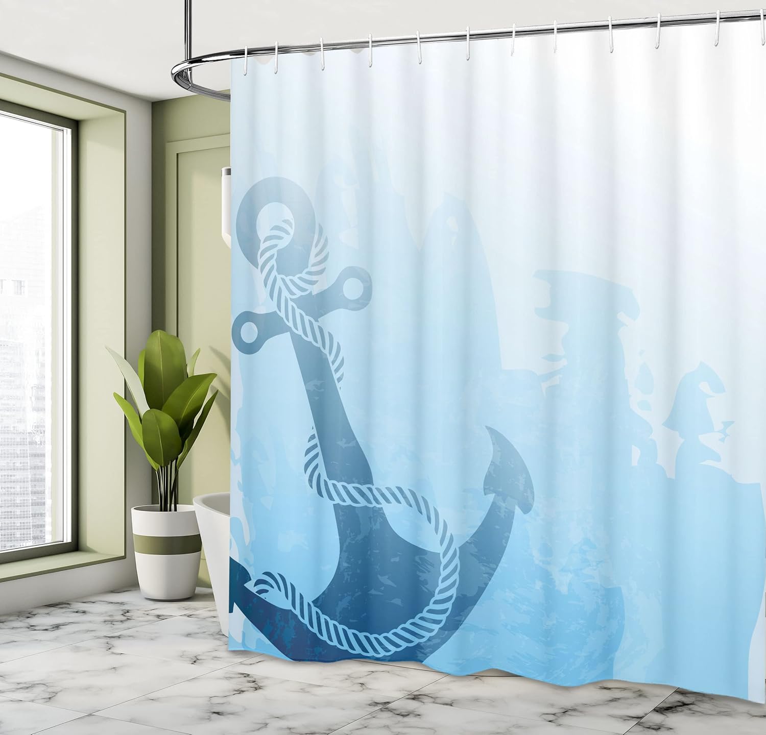 Ambesonne Nautical Shower Curtain, Monochrome Anchor Illustration Deep Down in The Sea Bottom Be Strong and Stable, Cloth Fabric Bathroom Decor Set with Hooks, 69" W x 75" L, Pale Blue