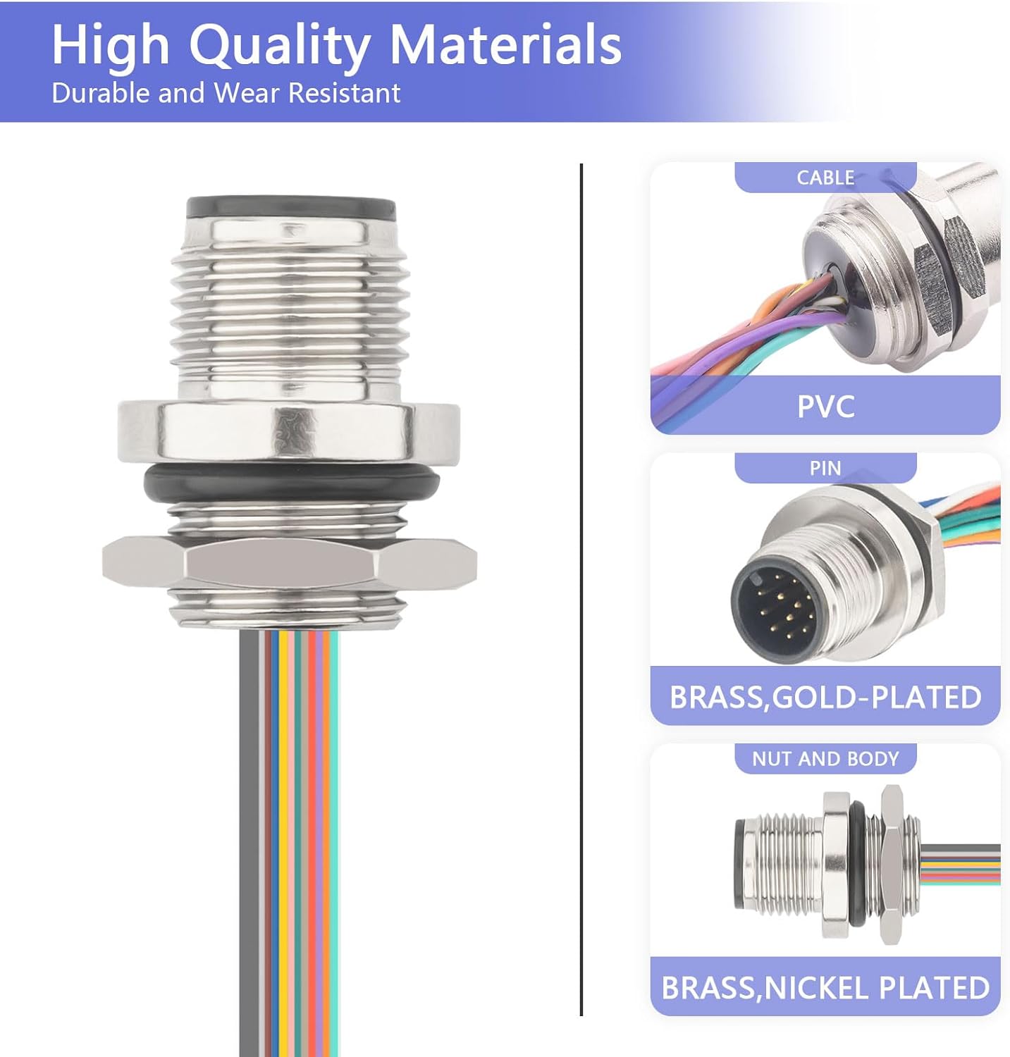M12 12 Pin Panel Mount Connector 0.7ft, IP67 Waterproof Industrial Circular Connector, 12mm Back Mount Aviation Sensor Connector for Control Cabinets/Sensors 2 Pack
