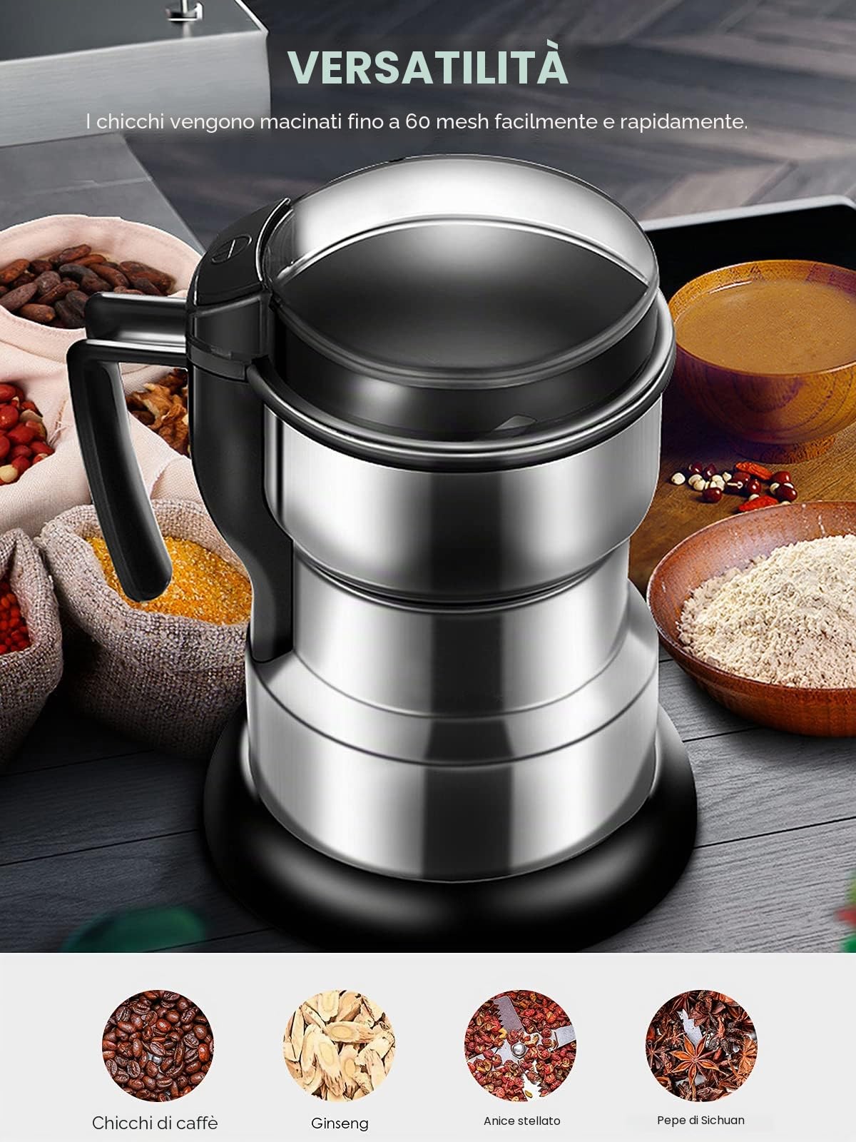 Moongiantgo Macinacaffe Elettrico 400W 35000rpm, Macina Cereali, Caffè e Spezie in Acciaio Inox, Design di Sicurezza APERTO-COPERCHIO-STOP, Ideale per Materiali Secchi, Cereali, Spezie, Erbe, Caffè