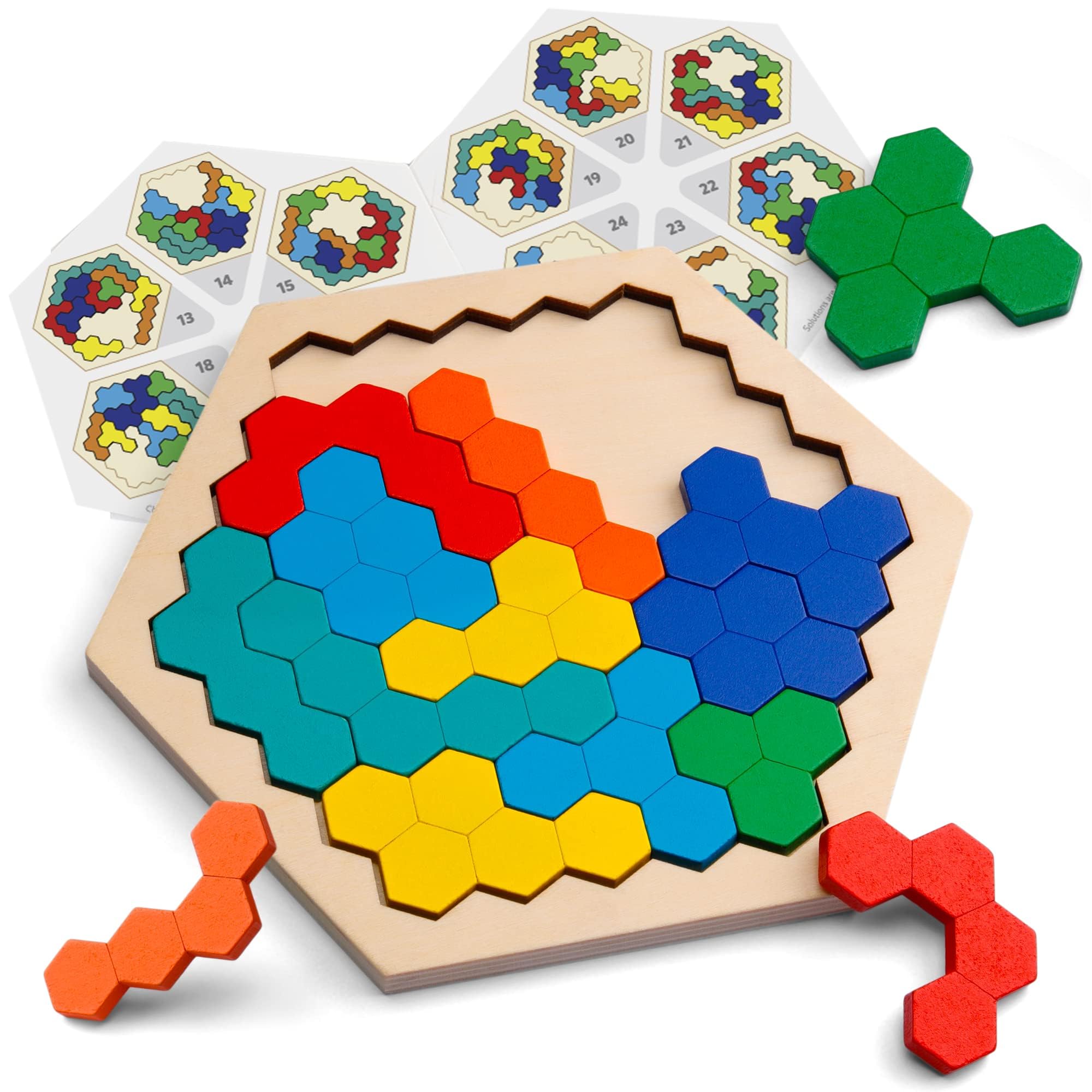 Wooden Hexagon Puzzle, Brain Teasers Toy, Tangram Jigsaw Shape Pattern Block Colorful Toy, Geometry Logic IQ Game Montessori Educational Gift for All Ages Kids Children Adults Boys Girls Challenge