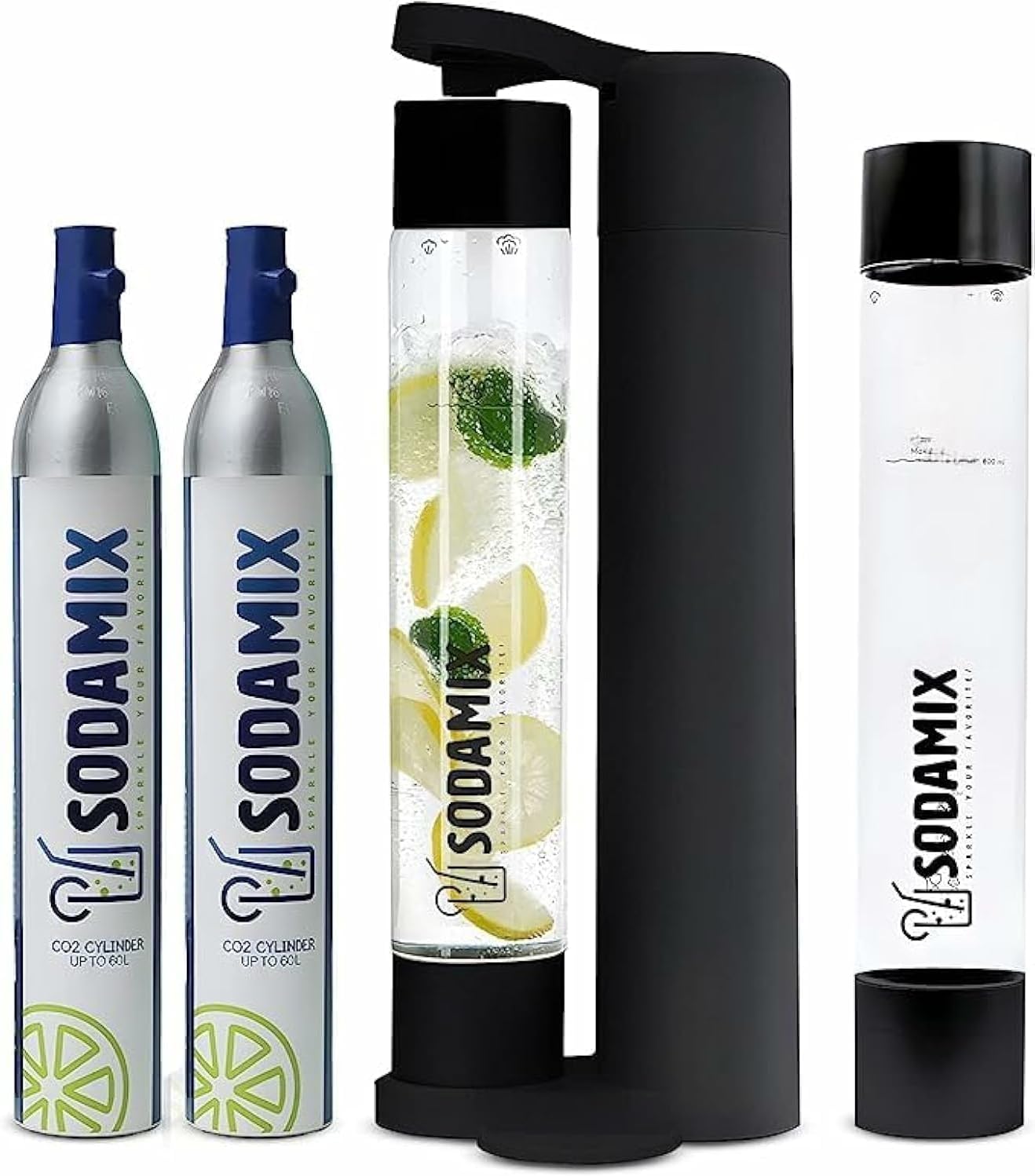 Sparkling Water Machine Carbonates All Kinds of Beverages No Battery Portable Soda Maker 2 x 0.85L Carbonation Bottles With 2 x 60L CO2 Cylinders (Black Family Pack)