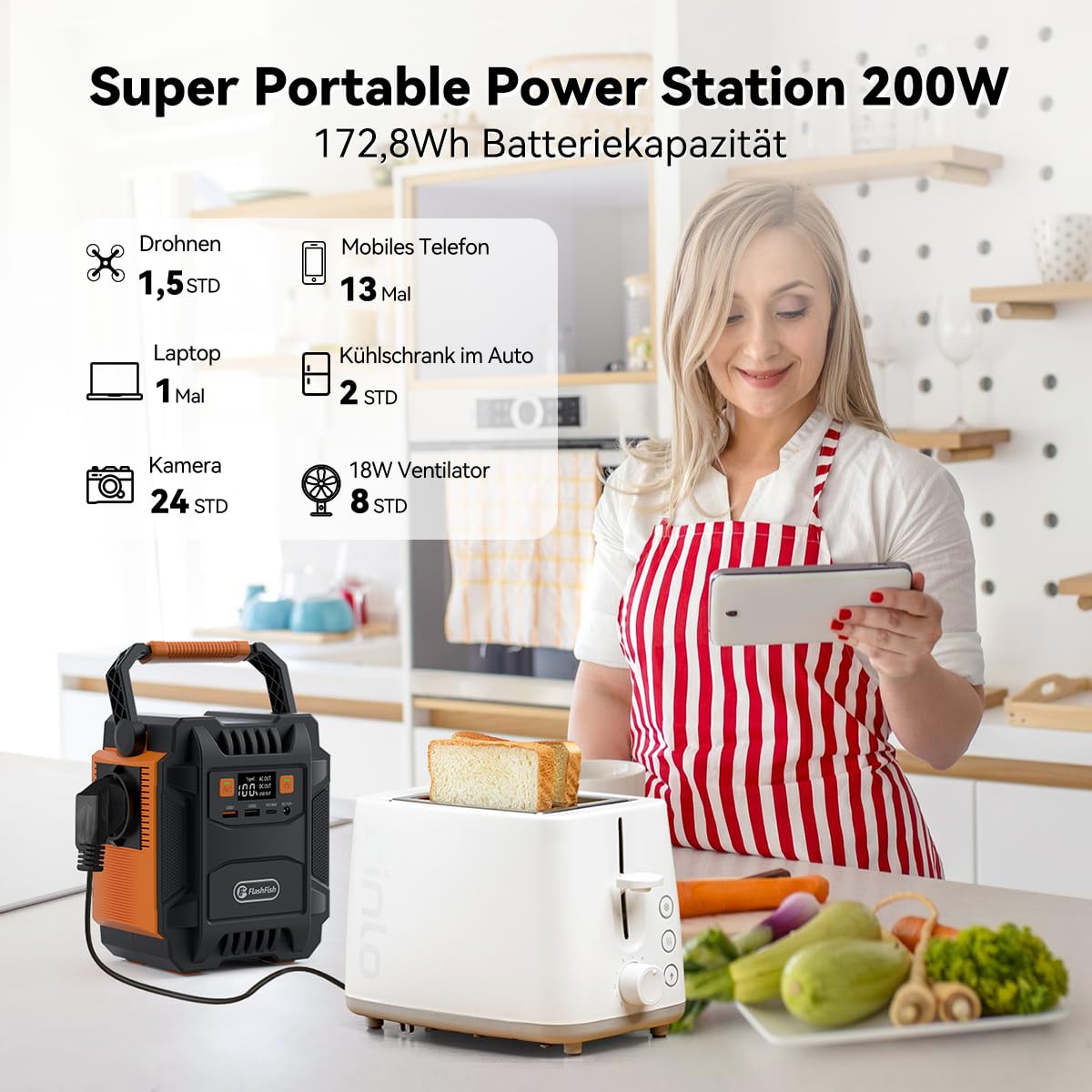 FlashFish Generateur Électrique portable 172,8 Wh, Générateur Solaire 200W/230V Batterie de Secours avec AC/DC/USB/LED, Groupe Éléctrogène Silencieux pour panne de courant à la Maison,Extérieur