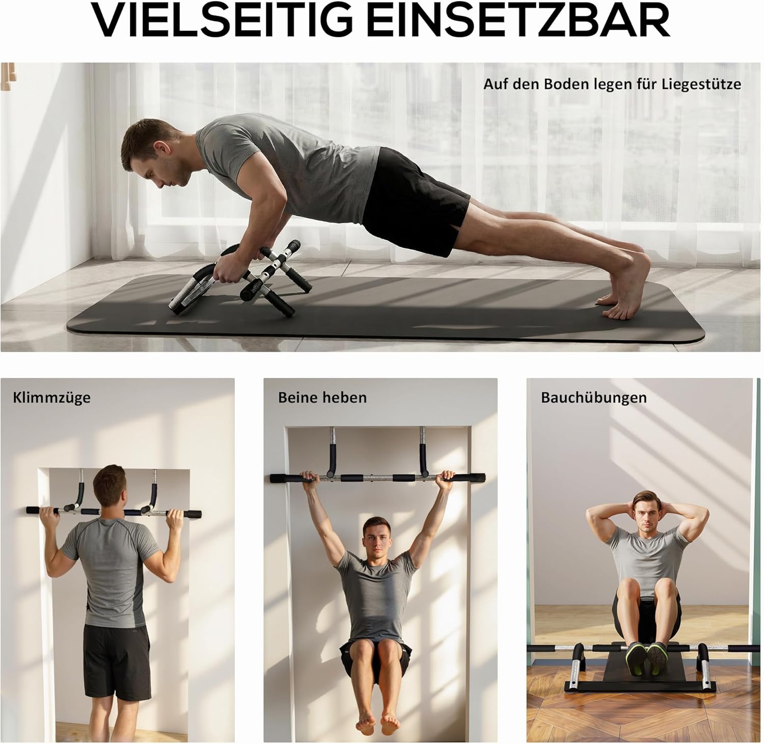 Collage of images showing a person performing various exercises: push-ups on the floor, pull-ups, leg raises, and sit-ups using the multifunction bar.