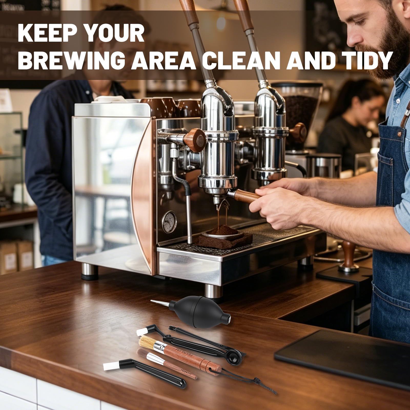 Kit de limpieza para molinillo de café, juego de cepillos para máquina de café expreso, 6 piezas con cepillo de cabeza de grupo, cepillo de largo alcance, cepillo de madera de nogal, soplador