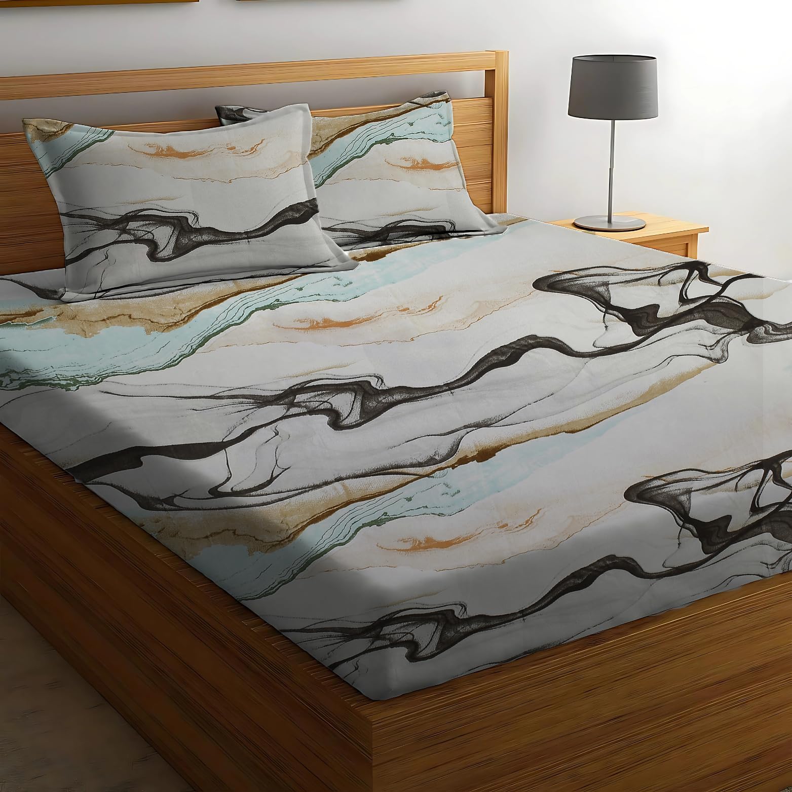 Glace Cotton Printed Elastic Fitted Bedsheet with 2 King Size Pillow Covers | Double Bed with All Around Elastic, Fits Upto 8 Inches Mattress, Size 72 x 78, Wave-image-28
