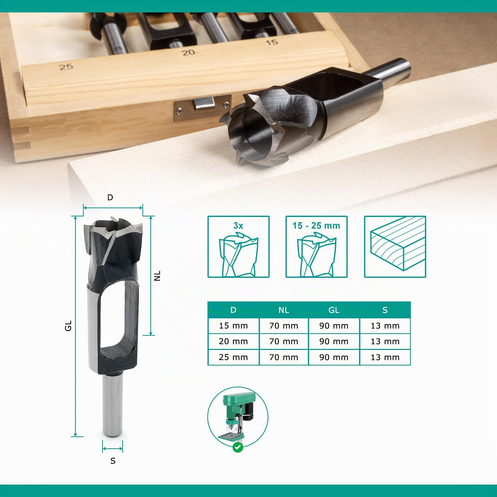 ENT 09151 Set da 6 pz. Fresa per tenoni e punte forstner per legno Ø 15, 20, 25 mm, in acciaio per utensili, per connettori, tasselli e tenoni in legno