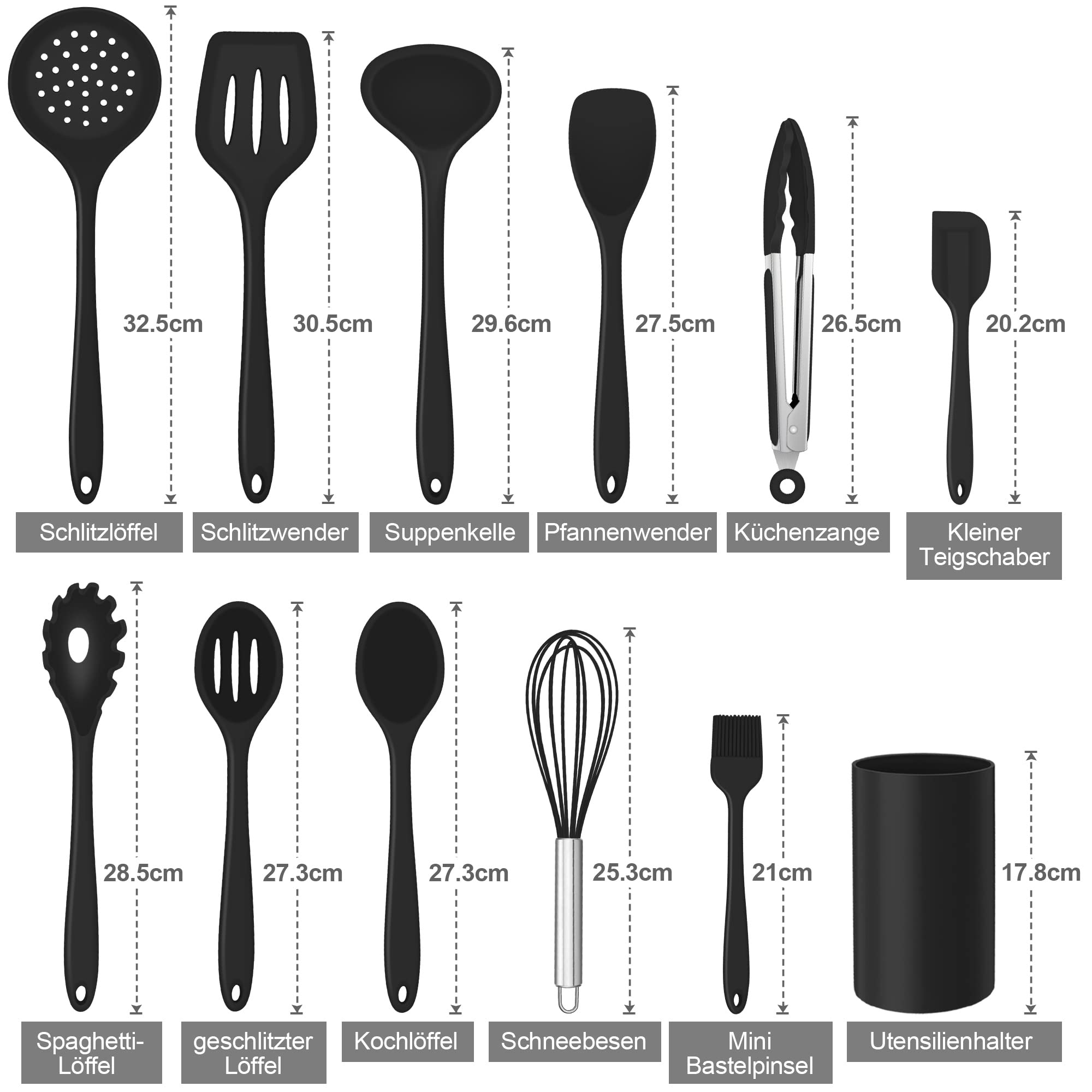 Küchenhelfer Set, Onader 12 teiligs Silikon Kochutensilien Kochbesteck Set, Antihaft Hitzebeständiger Kochgeschirr Küchenutensilien Set mit Utensilienhalter, Spülmaschinengeeignet - Schwarz