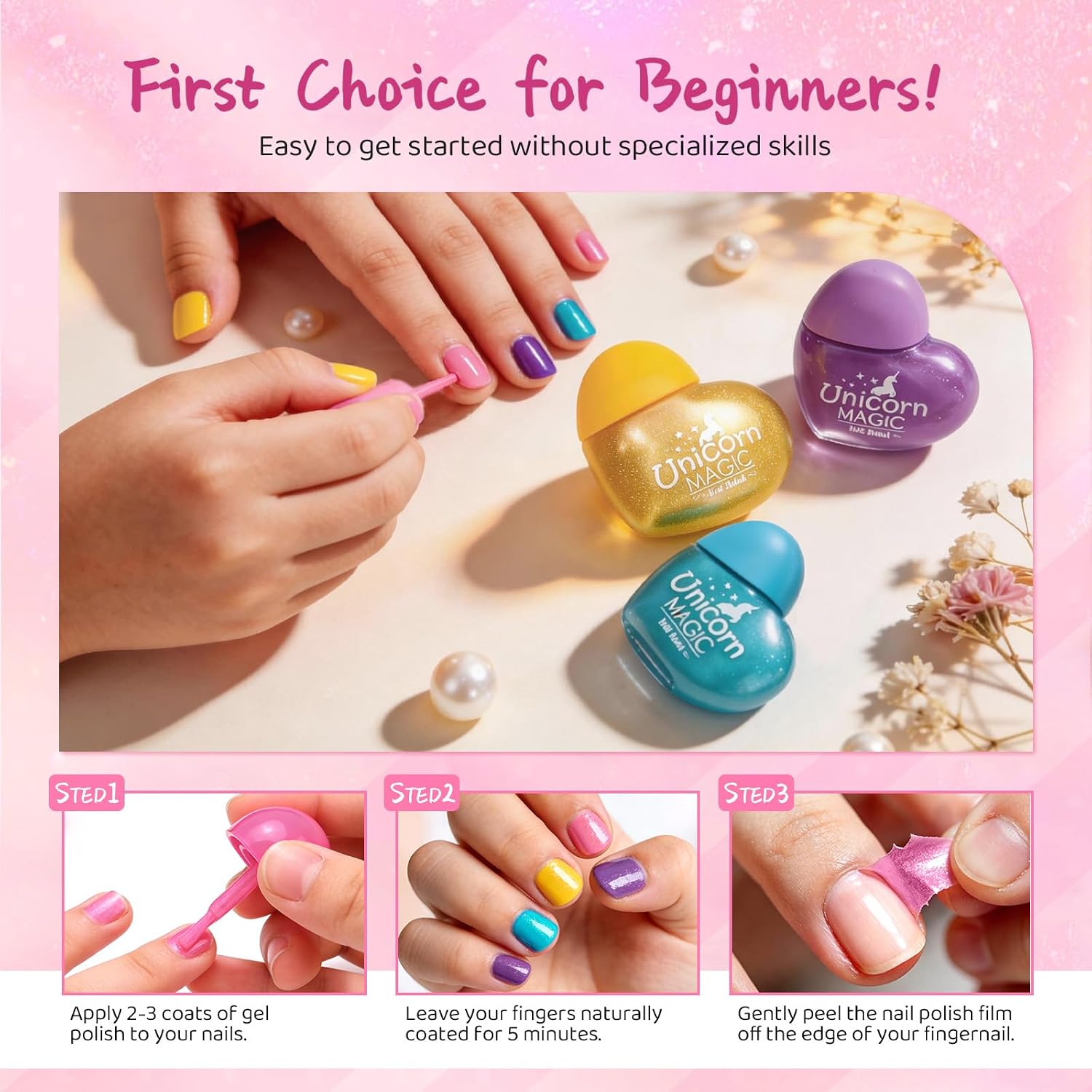 Golray Unicorn Kids Nail Polish Set for Girls - 12 Pcs Heart Shaped Glitter Nail Polish for Kids, Non Toxic Water Based Peel Off Nail Art Kit, Birthday Gifts Party Favors for Ages 3+
