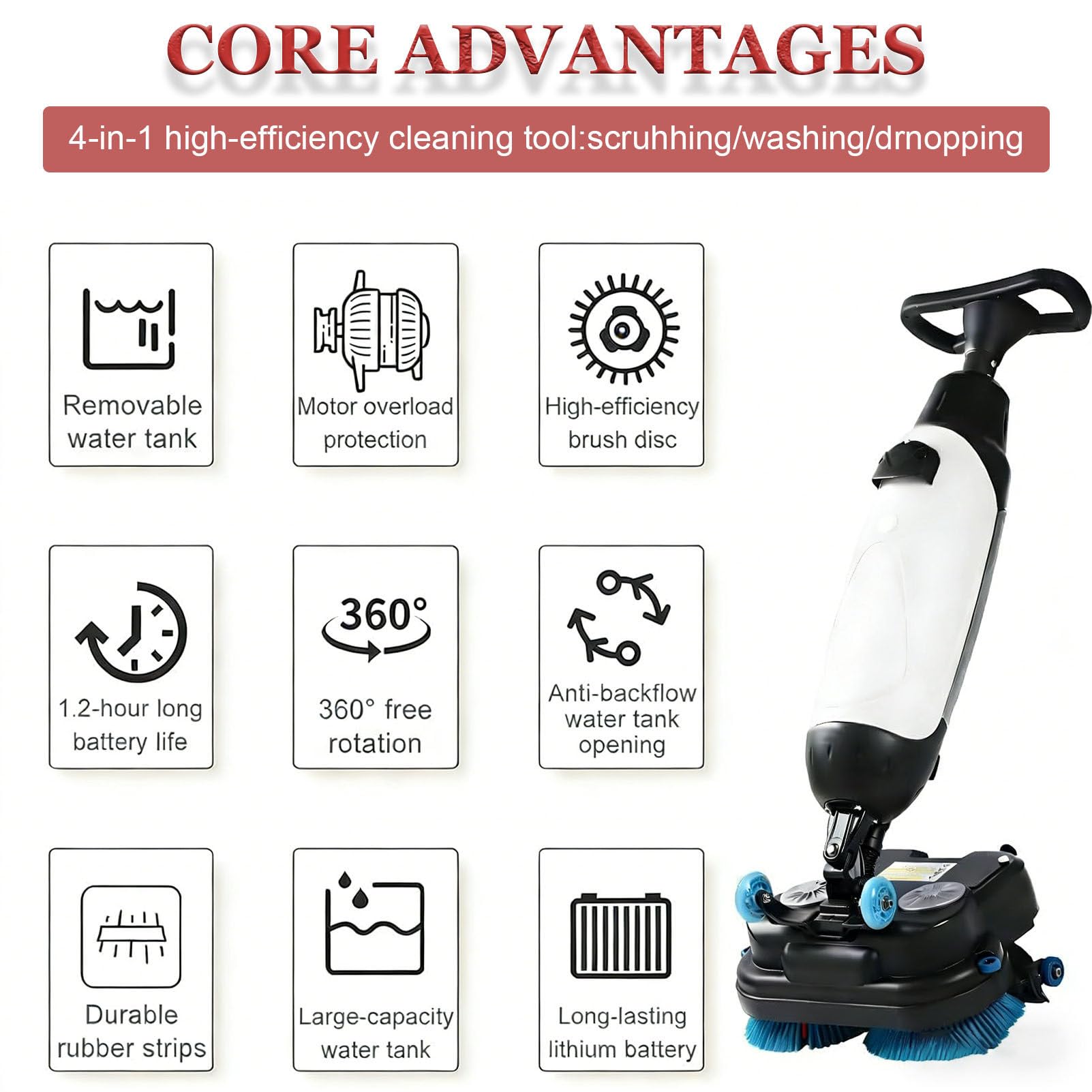 Fregadora De Suelos Inalámbrica, Rotación De 360°, 2 Cepillos Motorizados, Depósitos Independientes, Limpieza Profunda A 240 RPM para Suelos Duros Y Baldosas.,White