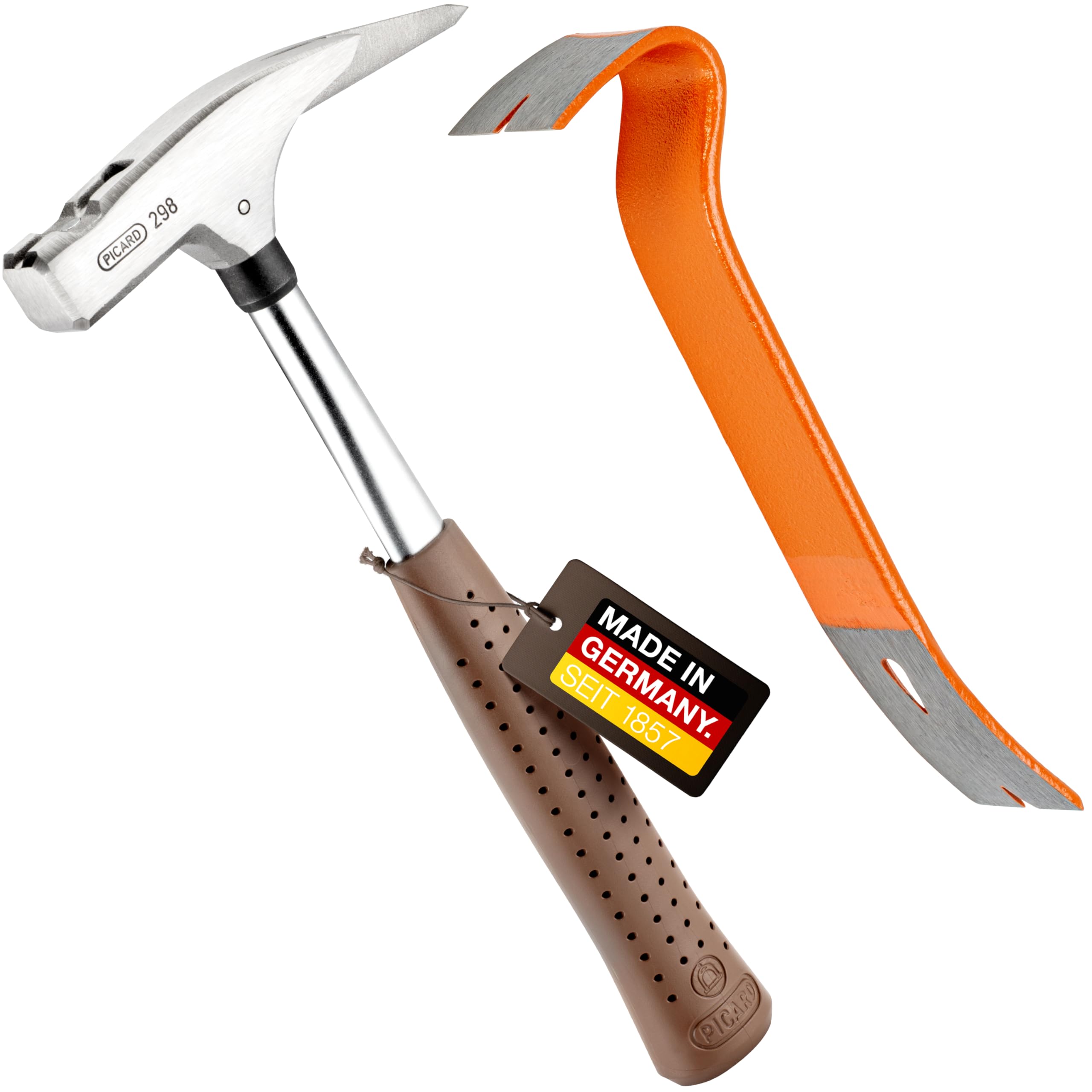 PICARD marteau de charpentier no. 298 + Mini pied-de-biche BlackGiant® + Sticker | Outil couvreur professionnel 600 g | Manche acier chromé-molybdène | Porte-clou magnétique | Avec arrache clou