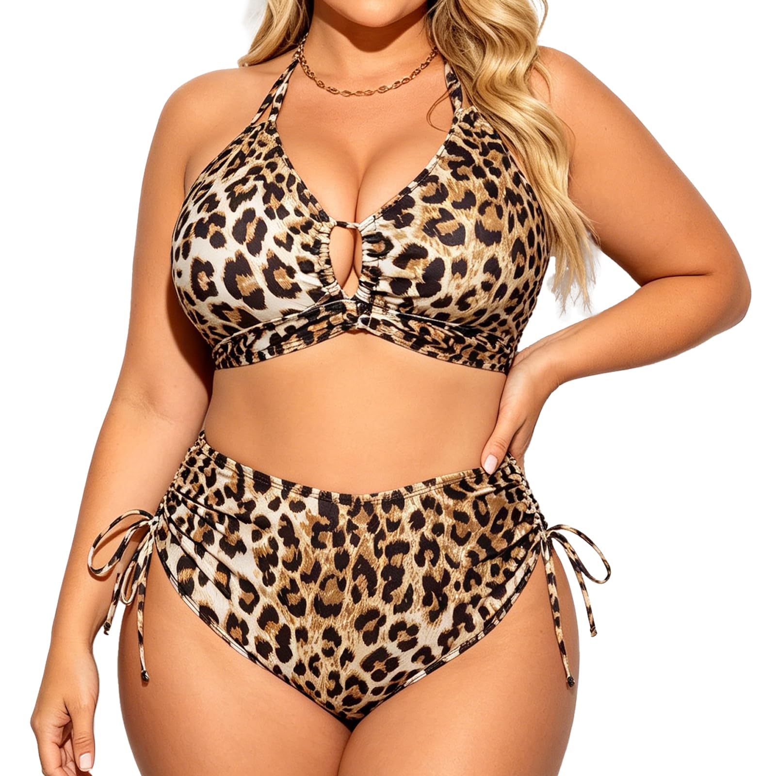 Bikini Set Damen Grosse Grössen Leopard Push Up V-Ausschnitt Bikini Top Große Brüste High Waist Bauchweg Zweiteiliger Badeanzug Set Plus Size mit Verstellbaren Trägern für Strand Urlaub Curvy Bademode