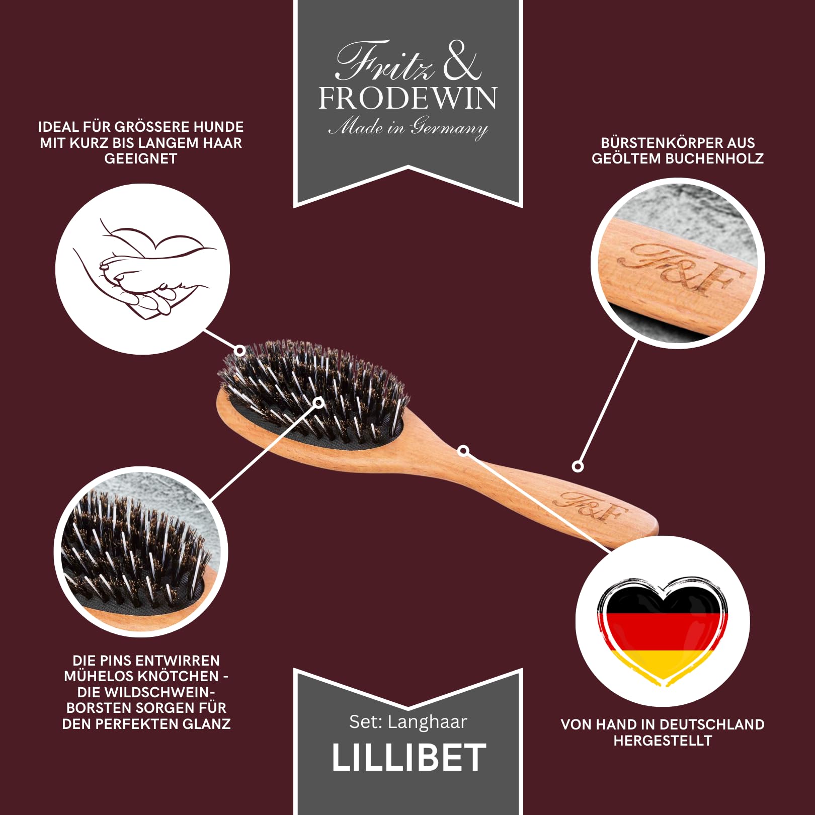Fritz & Frodewin Hundebürsten-Set "Langhaar" | Premium Hundehaarbürsten | Fellbürsten | Für die tägliche Pflege | FSC zertifiziertes Holz | Gratis Bürstenreiniger | 100% Made in Germany
