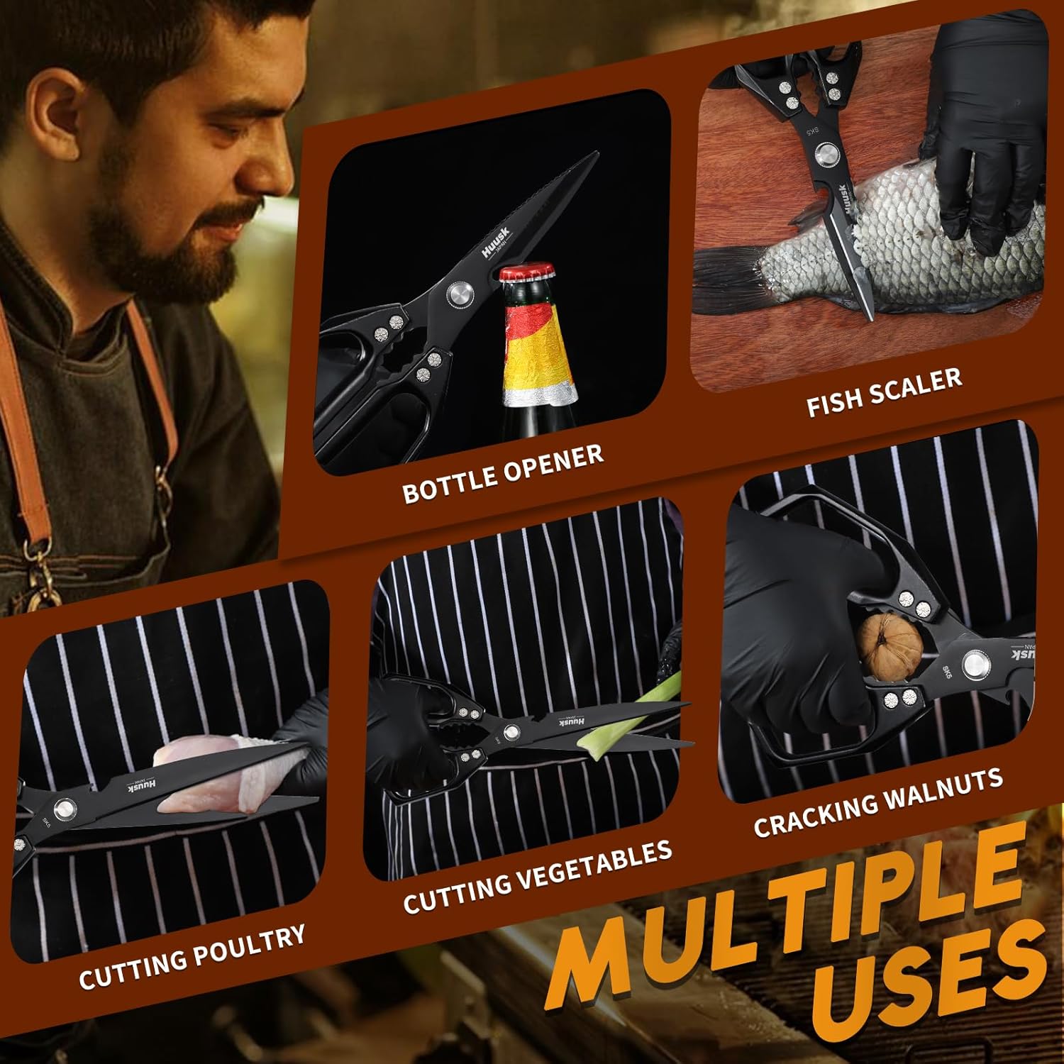 HUUSK Kitchen Scissors for Food - Stainless Steel Black Kitchen Shears Bundle with a Meat Cleaver Knife with Sheath, Japanese Cooking Scissor Dishwasher Safe, Multifunctional Heavy Duty Poultry Shears