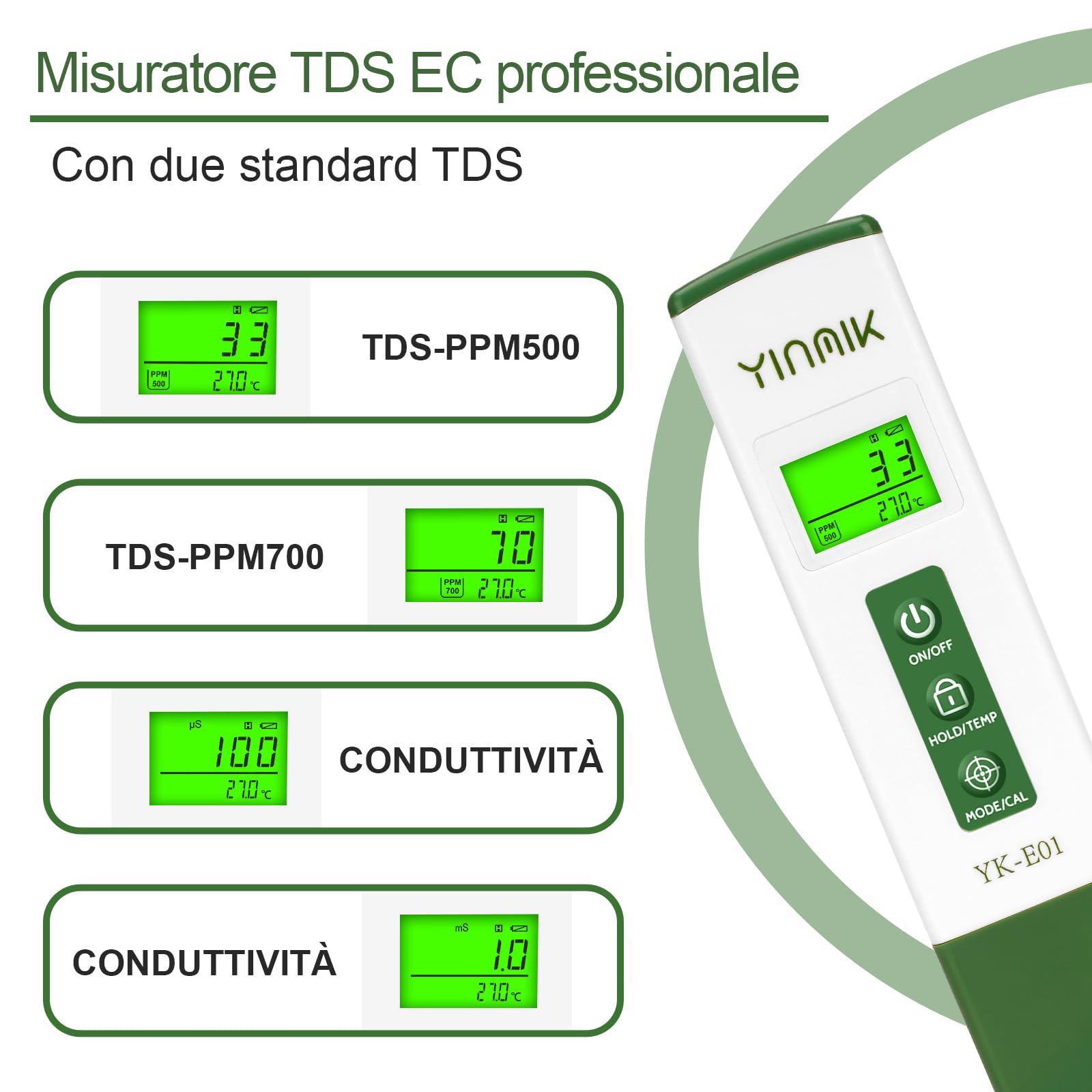 YINMIK Misuratore TDS Digitale Professionale con EC e Temperatura Tester Acqua ad Alta Precisione ATC Modalità PPM500/PPM700 Misuratore di Conduttività per Idroponica Acquari Piscine e Acqua Potabile