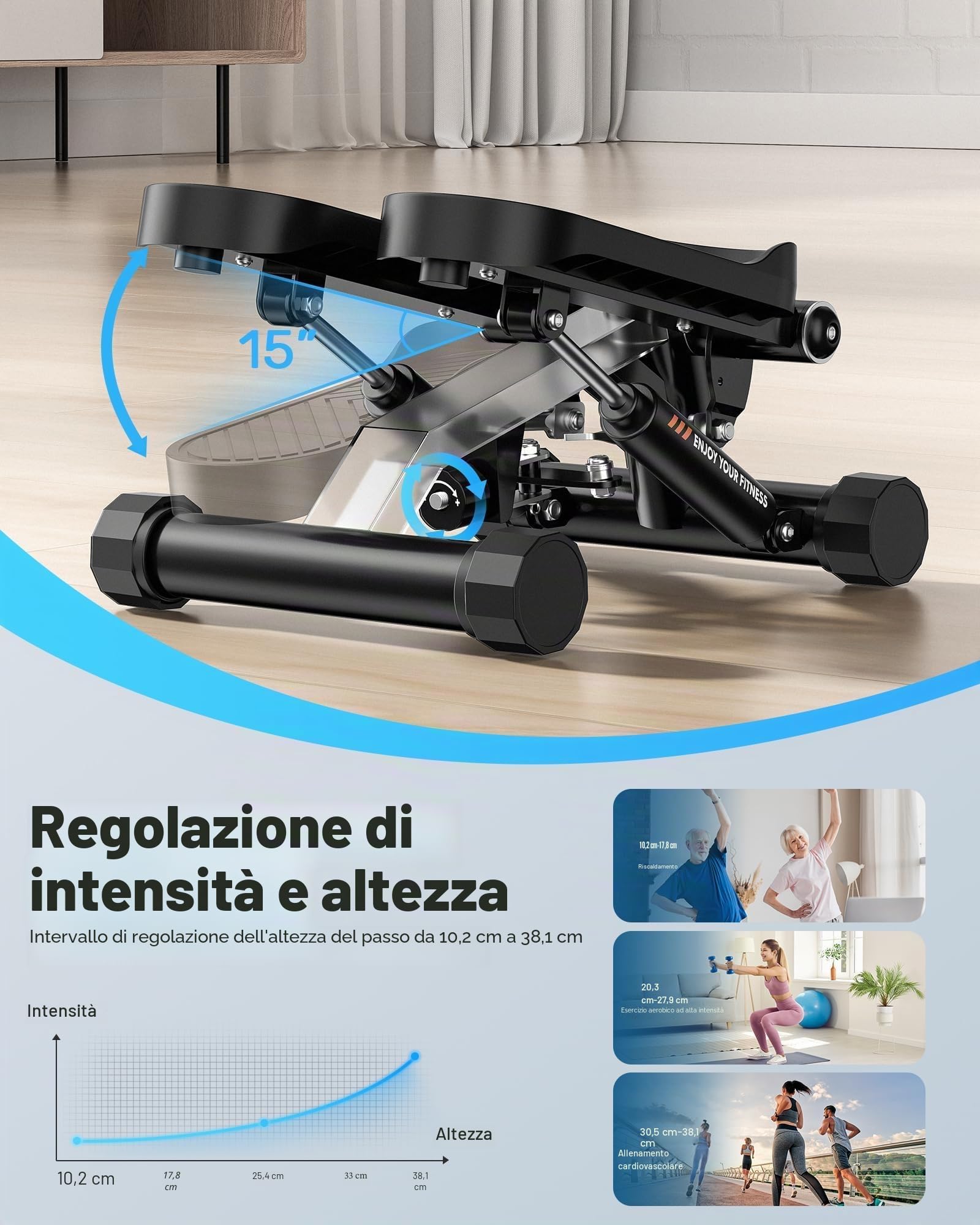 Sportsroyals Stepper Fitness 3in1 | Mini Stepper Fitness Casa con Bande di Resistenza + Monitor LCD, 150 kg