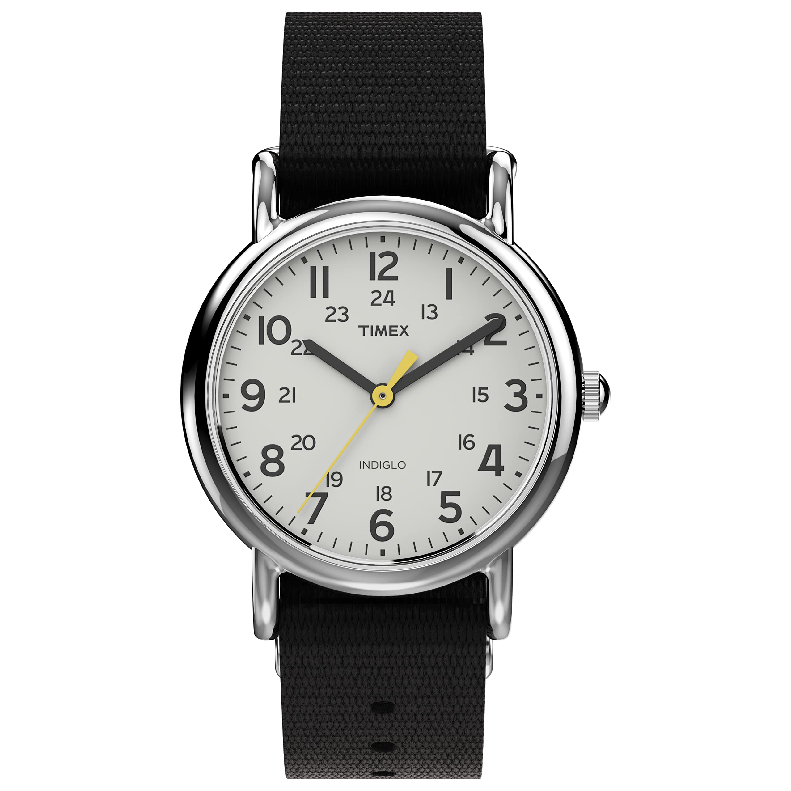 Timex Women's Weekender 31mm Watch – Silver-Tone Case White Dial with Black Fabric Strap