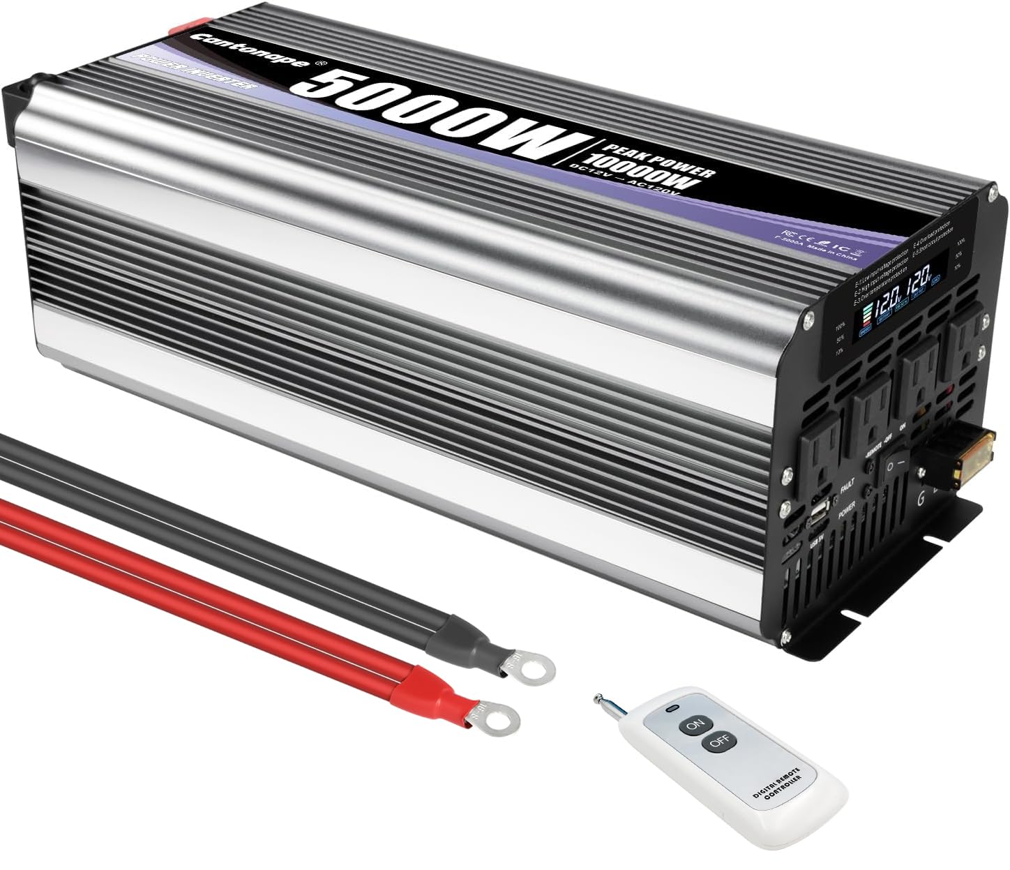Cantonape 5000W Power Inverter 12V to 110V/120V DC to AC with LCD Display, Remote Controller and 4 x AC Outlets Car Adapter for Car Truck Boat RV Off Grid Solar System