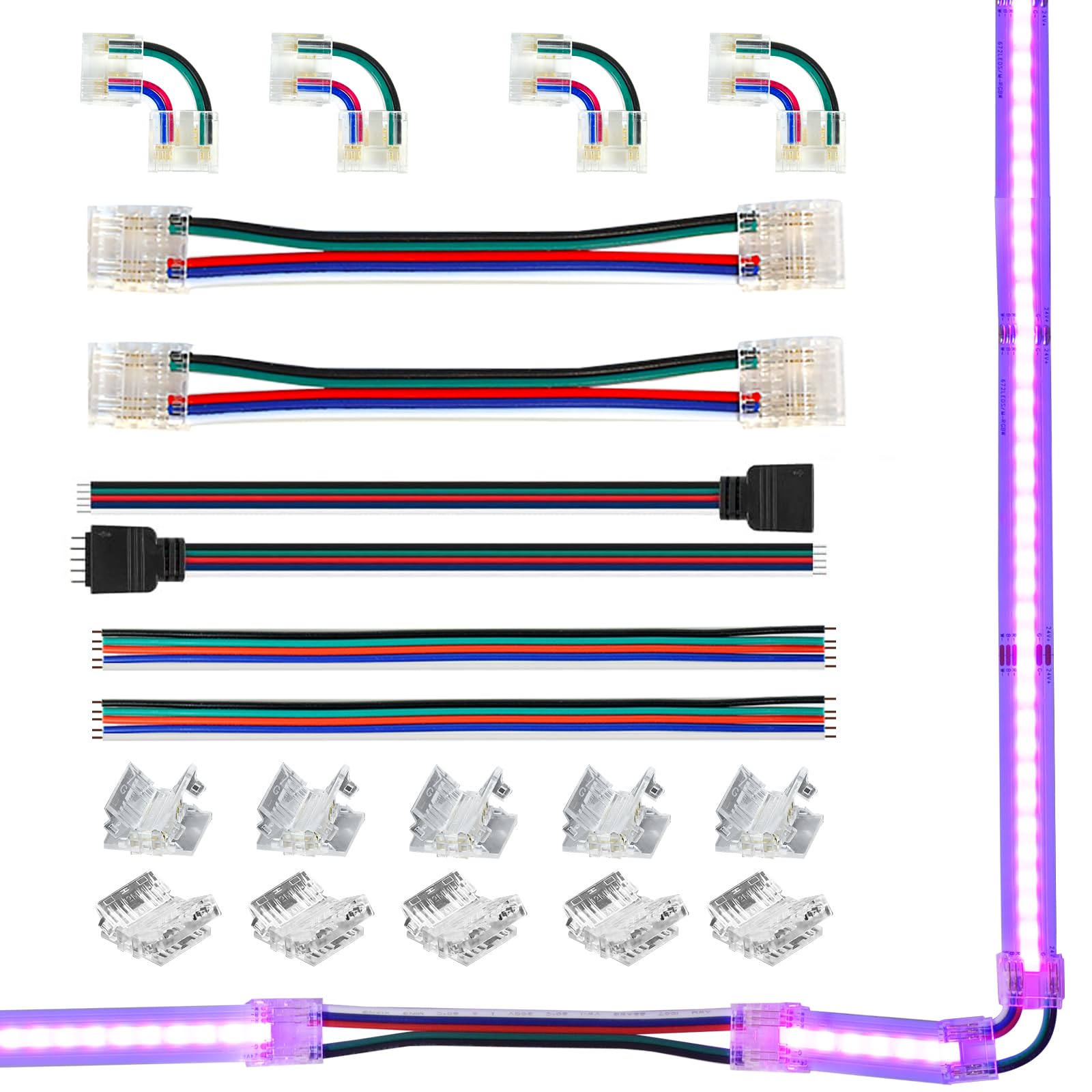 INDARUN 5pin 12mm Connector Kit for COB RGBW Led Strip Light, L-Shaped/Transparent/Female/Male Plug/Dual End with Wire Connector/Single End Connectors/15cm Extension Wires