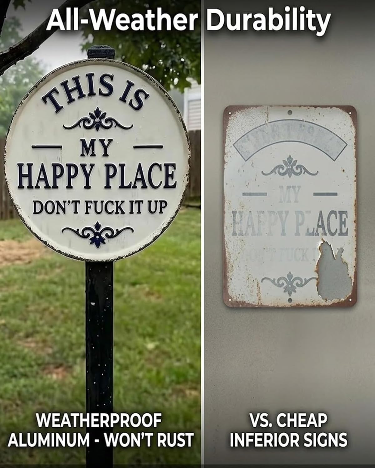 This Is My Happy Place Door Sign Funny Metal Sign Vintage Tin Plaque Dont F*ck It Up Garden Sign Retro Wall Decor for Patio Outdoor Home Bar Humorous Housewarming Gift Rustic Welcome Sign(2pcs,12in) - 4