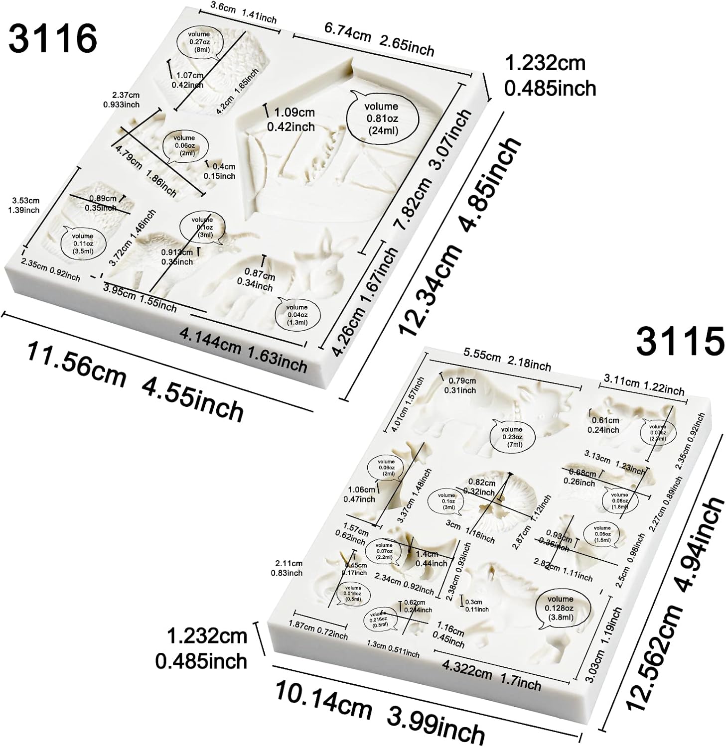34-Cavity Arctic & Woodland & Barn Animals Fondant Silicone Molds for Cake Decoration, Cupcake Topper, Epoxy Resin, Polymer Clay