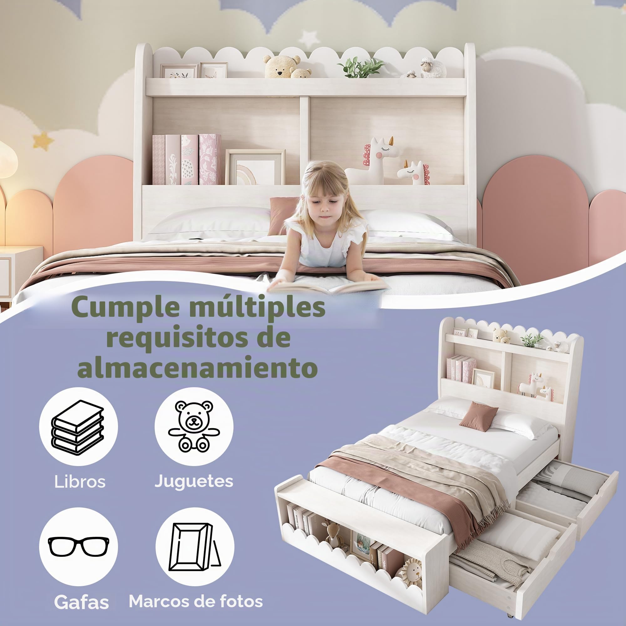 LAKFEW Cama 90x190 cm Camas Infantiles con Banco de Almacenaje y 2 Cajones, Cama Individual Camas Juveniles con Almacenamiento en Cabecero, Estructura de Madera, Blanco+Roble Claro, Sin Colchón