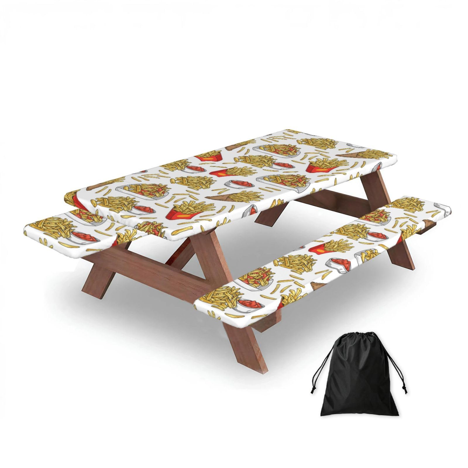 Fried Fries Potatoes, Picnic Table Cover With Bench Covers -Waterproof Elastic Fitted Tablecloth for Garden Camping Patio 76x152cm