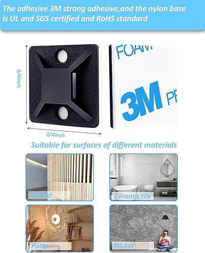 Miniatura 2 de Juego de 120 bridas de cables autoadhesivas con bridas de 8 pulgadas, soportes de alambre de 34 pulgadas, cuadrados, tornillos, sujetadores de