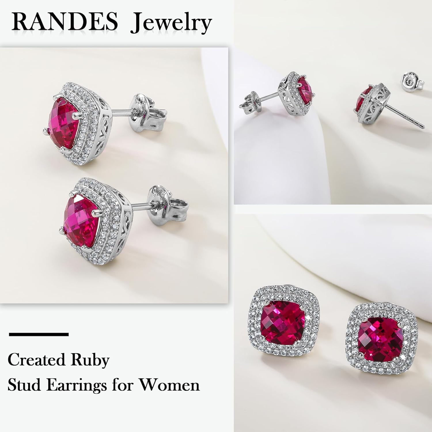 Dainty Birthstone Earrings for Women Sterling Silver Small Stud Earrings with Halo Cushion/Round Created Gemstone Earrings Birthstone Jewelry - Image 4