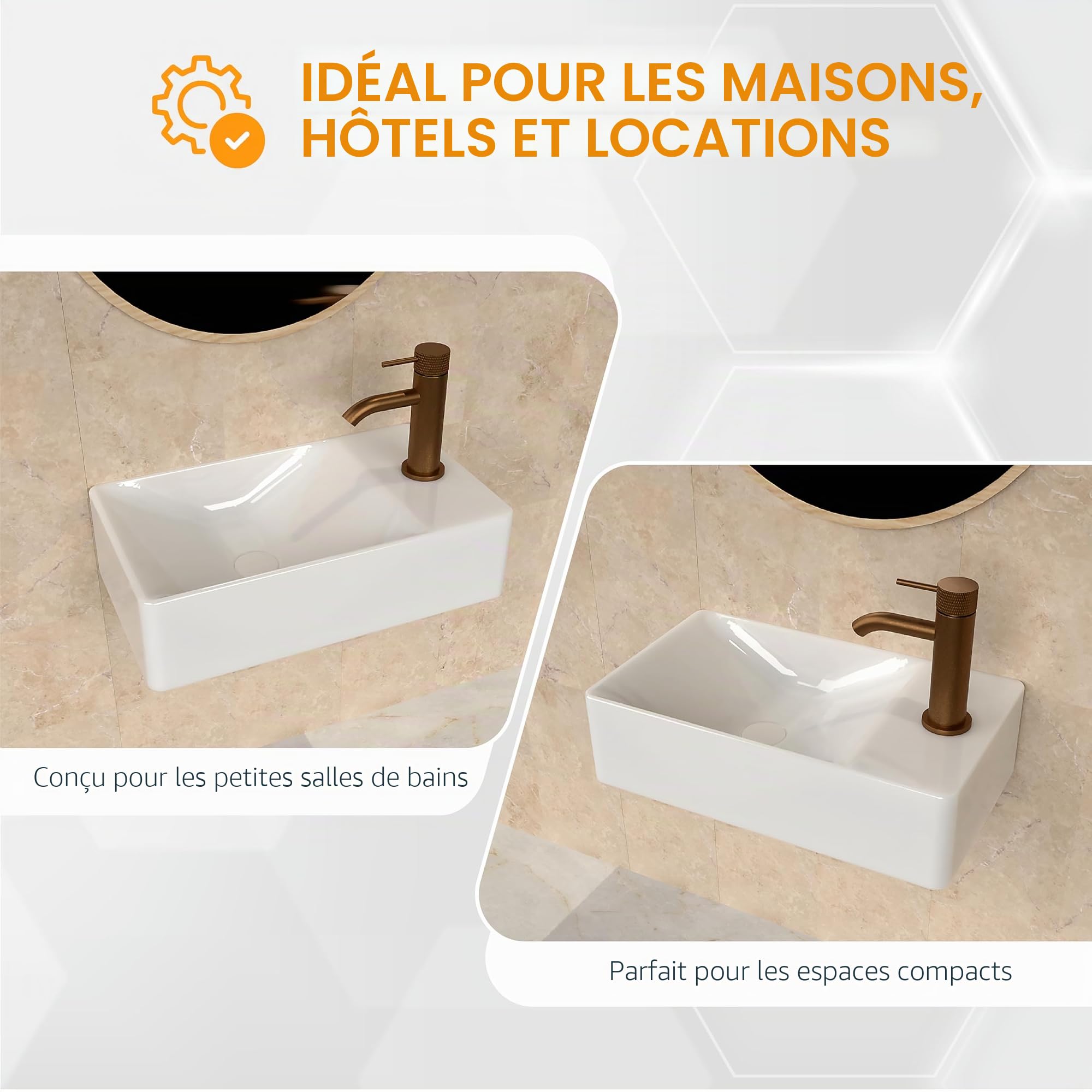HOGART Lave-Mains WC Suspendu 38x22 cm, Lavabo Compact en Céramique, Gain de Place, avec Trou Robinetterie, Sans Trop-Plein, Petit Lavabo Toilettes Invités, Bol à Gauche, Blanc Design Moderne WC Pro +