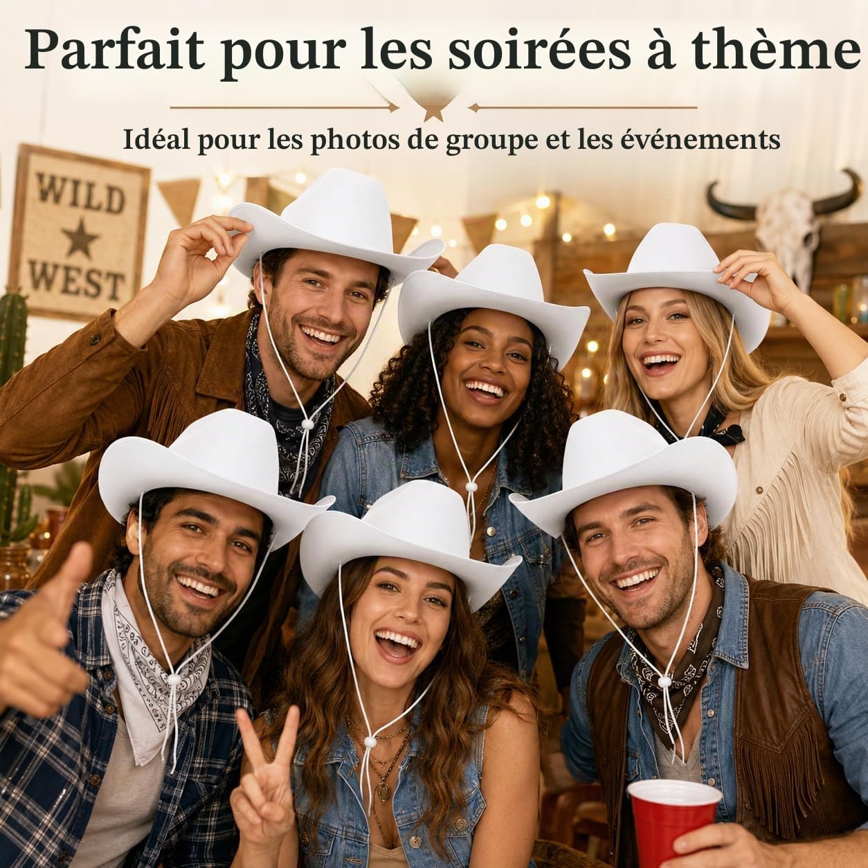 LYCN Lot de 6 chapeaux de cowboy blancs pour homme et femme - Chapeaux de cowgirl occidentaux en feutre avec cordon de serrage réglable au niveau du cou - Pour adolescents, adultes, fêtes, cosplay