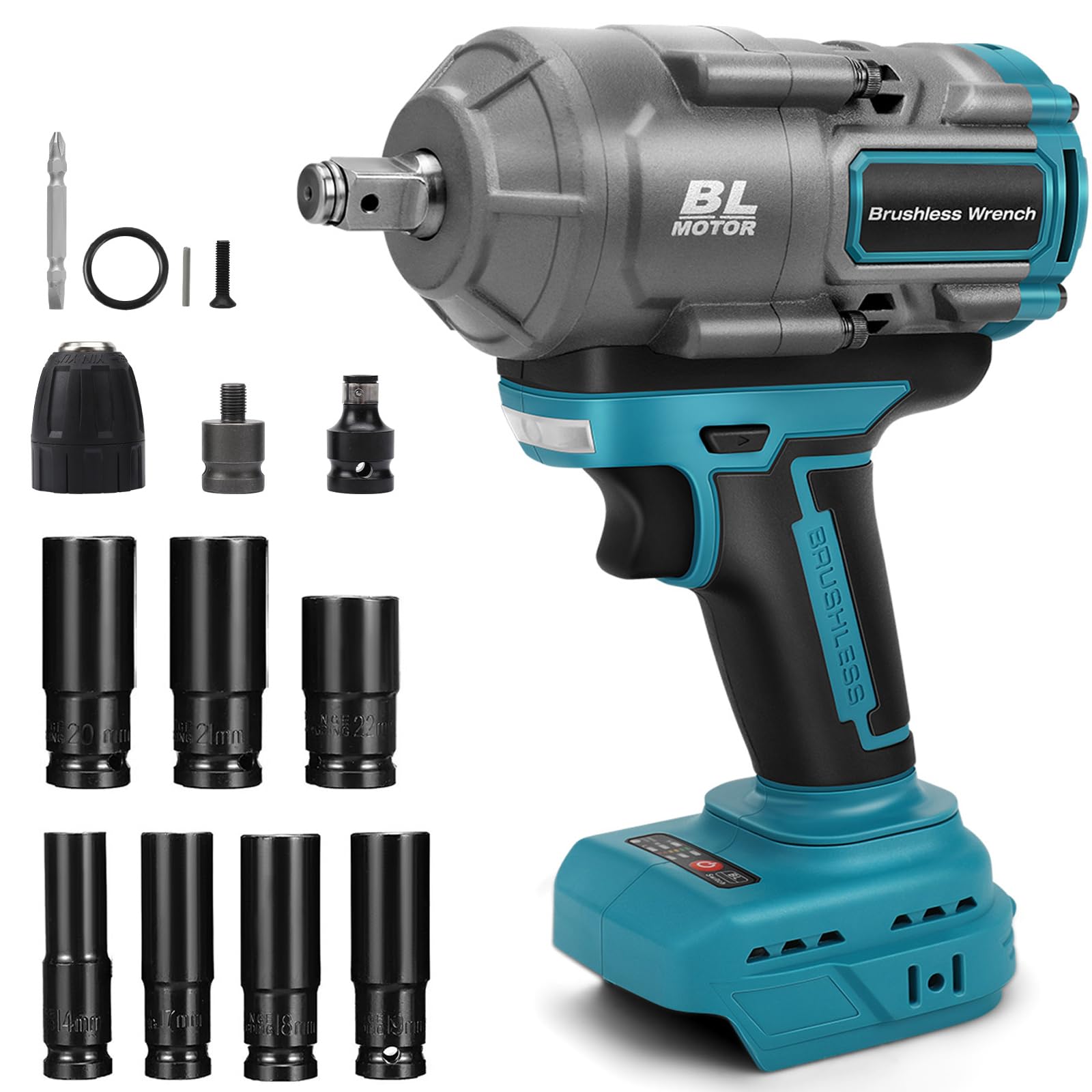 Akumulatorowa wkrętarka udarowa kompatybilna z Makita 18 V, 1100 Nm, wkrętarka udarowa 1/2 cala, bezszczotkowy klucz płaski z kluczem nasadowym, adapter klucza nasadowego (bez baterii)