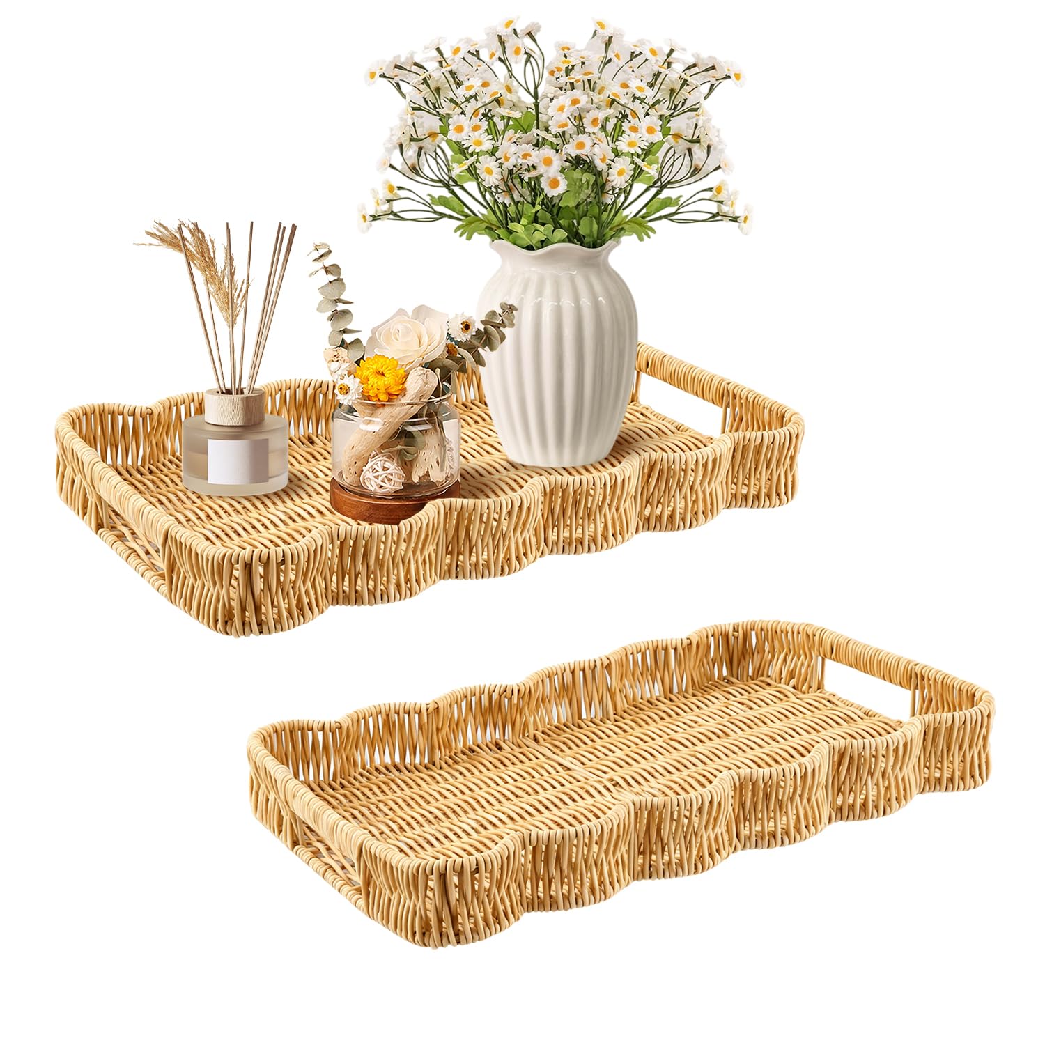 Bandeja rectangular con borde ondulado y asas, bandejas tejidas a mano
