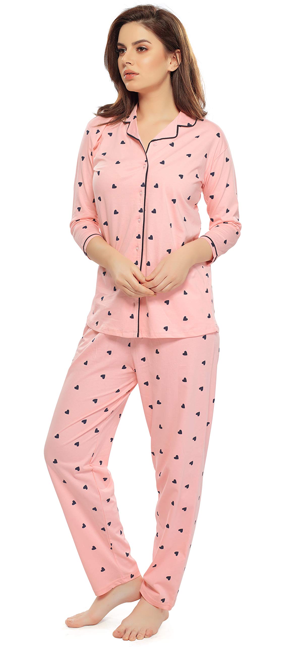ZEYO Women's Cotton Heart Printed Peach Night Suit Set Of Shirt & Pajama Set 5152 2