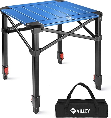 VILLEY Mesa cuadrada plegable para acampar con bolsa de transporte, mesa cuadrada ajustable de aluminio ligero para exteriores, camping, picnic,