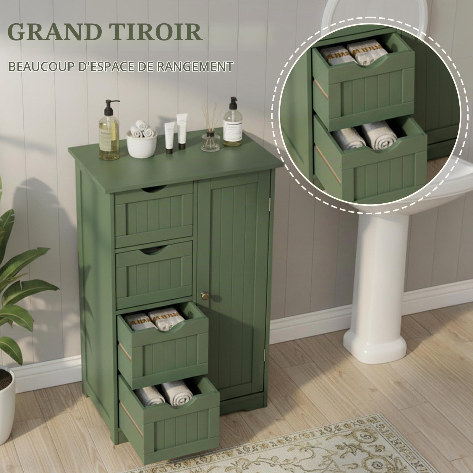 LEADZM Meuble Salle de Bain Rangement，avec étagères Réglables Vert Forêt | équipé de 4 Tiroirs, Convient pour Le Salon，la Cuisine，la Chambre à Coucher，Conception Anti-basculement