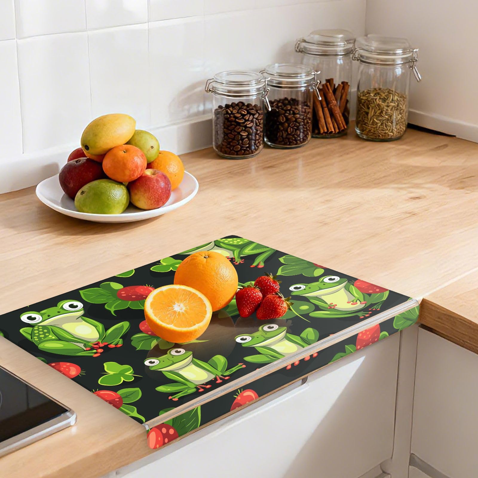 Schneidebrett mit Frosch-Erdbeer-Druck, Acryl, mit Thekenlippe, rutschfeste Schneideplatte für Küchenarbeitsplatte