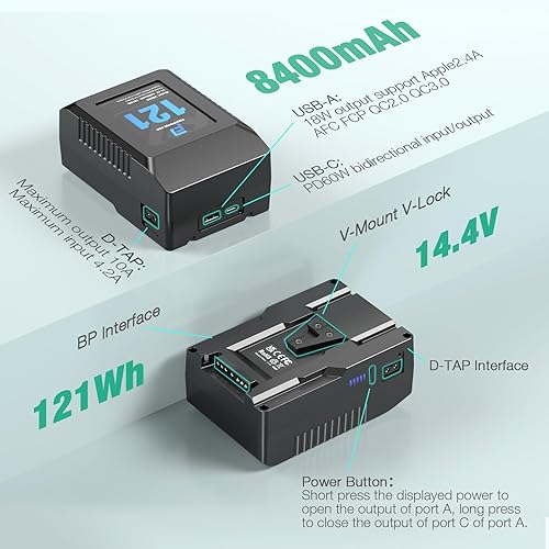 Miniatura 2 de FirstPower Batería de montaje en Vbloqueo en V, 121 Wh(8400 mAh, 14.4 V), soporte de batería de montaje en V PD 60 W, cargador rápido USB-C, con
