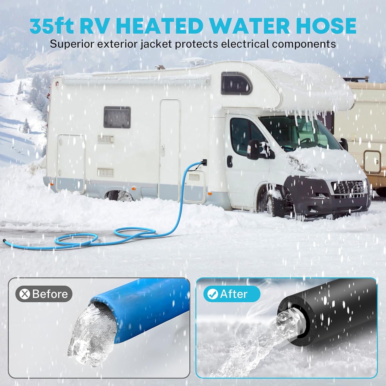 kohree 35ft heated water hose for rv, -40 ? heated drinking water hose 5/8", heavy duty heated hose for rv, camper, truck, leak free, abrasion-resistant cover, energy saving thermostat